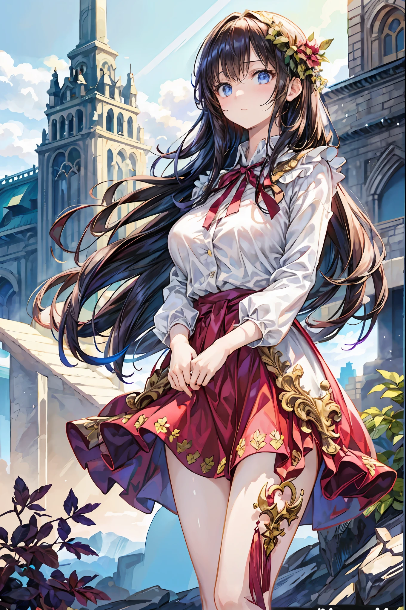 Girl、My hair flutters in a strong wind,Strong winds,Leaves fluttering,Illuminated by a Mysterious Summon、Moment where ordinary everyday life completely changes,High Quality 4K Realistic Depiction,Becomes the central character of the story due to special events,I can see a number of towers in the background,開いた扉から吹き込むStrong windsに照らされ、Awakening by a Spotlight,Blue Sky、 vast plains 、Dense forest、Rocky Mountain、Fantastic Light、Signs of Life。cinematic lighting、ultra high definition、Three-dimensional lighting、masterpiece、sharp focus、dynamic pose、8K、intricate details、A magnificent composition、vivid colors、Amazing Visual Effects、movie、Dramatic Atmosphere