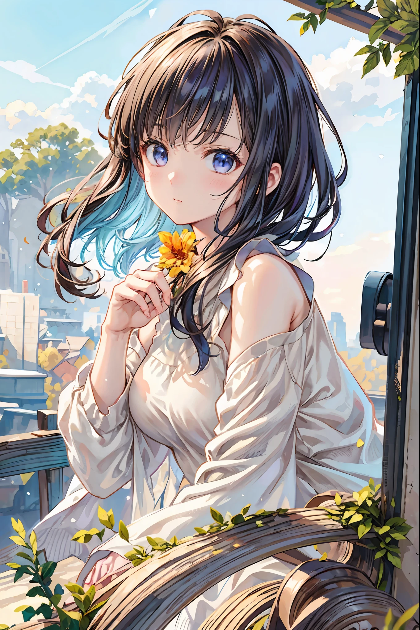 Girl、My hair flutters in a strong wind，Strong winds，Leaves fluttering，Illuminated by a Mysterious Summon、Moment where ordinary everyday life completely changes，High Quality 4K Realistic Depiction，Becomes the central character of the story due to special events，I can see a number of towers in the background，開いた扉から吹き込むStrong windsに照らされ、Awakening by a Spotlight，Blue Sky、 vast plains 、Dense forest、Rocky Mountain、Fantastic Light、Signs of Life。cinematic lighting、ultra high definition、Three-dimensional lighting、masterpiece、sharp focus、dynamic pose、8K、intricate details、A magnificent composition、vivid colors、Amazing Visual Effects、movie、Dramatic Atmosphere