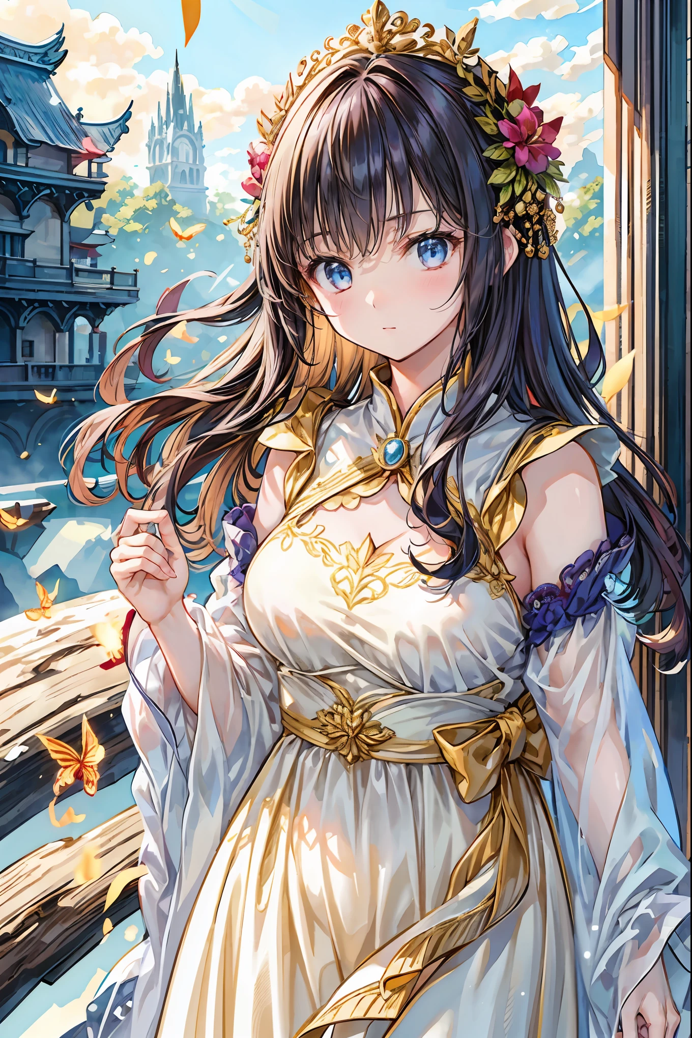 Girl、My hair flutters in a strong wind,Strong winds,Leaves fluttering,Illuminated by a Mysterious Summon、Moment where ordinary everyday life completely changes,High Quality 4K Realistic Depiction,Becomes the central character of the story due to special events,I can see a number of towers in the background,開いた扉から吹き込むStrong windsに照らされ、Awakening by a Spotlight,Blue Sky、 vast plains 、Dense forest、Rocky Mountain、Fantastic Light、Signs of Life。cinematic lighting、ultra high definition、Three-dimensional lighting、masterpiece、sharp focus、dynamic pose、8K、intricate details、A magnificent composition、vivid colors、Amazing Visual Effects、movie、Dramatic Atmosphere