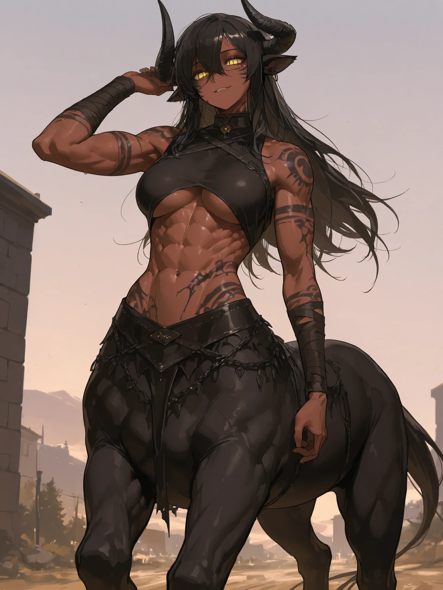 (best quality, masterpiece), 1 woman, dnd, bulltaur, horns, black mare, handsome, wise woman, strong build, volputrous and strong, yellow eyes, horns, monster girl, black hair, athletic, exposing the abdomen, beautiful girl, proporcional human body, muscular centaur body, strong female, demonic dark markings, covered breasts, muscular, dark markings on body, abs, bull ears, soft smile, standing, outdoors, score_9 , score_8_up , score_7_up , score_6_up