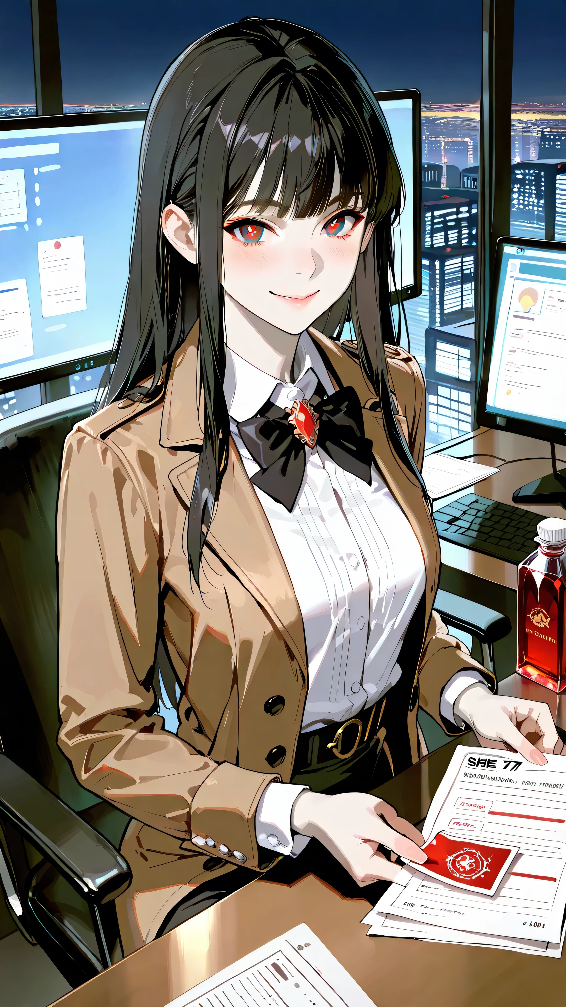 score_9, score_8_up, score_7_up,(hyper-realistic),(Asymmetrical Composition),{{{top quality}}},{{Super Detailed}},{{very delicate and beautiful}}, (masterpiece, UHD, 8K, 16K),
At night.Dim lighting. The beautiful vampire woman with black hair and (red pupils) ,pale skin and (red crystal like eyes). She was dressed in classic detective attire and opened a detective agency. She sat behind her office table, and the office was neatly organized. She was now receiving payment, with a gentle and friendly smile on her face. Apart from a small commission fee, the most crucial reward was some fresh blood, which was packaged in a delicate sealed small bottle.
intricate details,natural light,diffused light,dramatic ambient