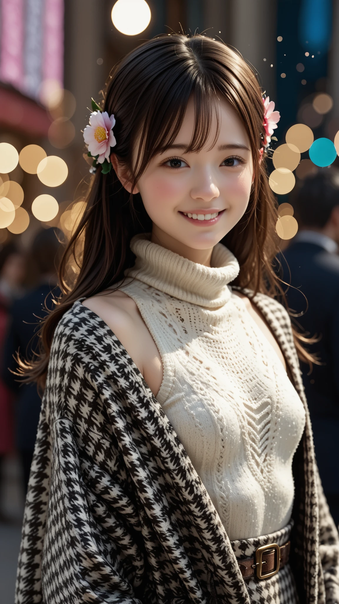 ( Symmetrical ,  Composed of Colorful Geometric Arabesque Patterns, Flower,   bubbles and splashes and sparkles  ), BREAK, (1girl), (18 years old), 非常にbeautiful detail to cross a man's arms顔, I smile shyly,  Symmetrical  black eyes, small breasts), BREAK, (  Red Houndstooth Coat  :1.4), (Off White Turtleneck Sweater Dress:1.3), dark brown hair, half up, (detailed face:1.2), BREAK, high quality, realistic, cosplay, very detailed, High Definition RAW COLOR PHOTO , Professional Photo Shooting, realistic portrait, cinematic light, beautiful detail to cross a man's arms, Super Detailed, high resolution, (((Bokeh))), depth of coverage, Illuminations, Super Stylish Light