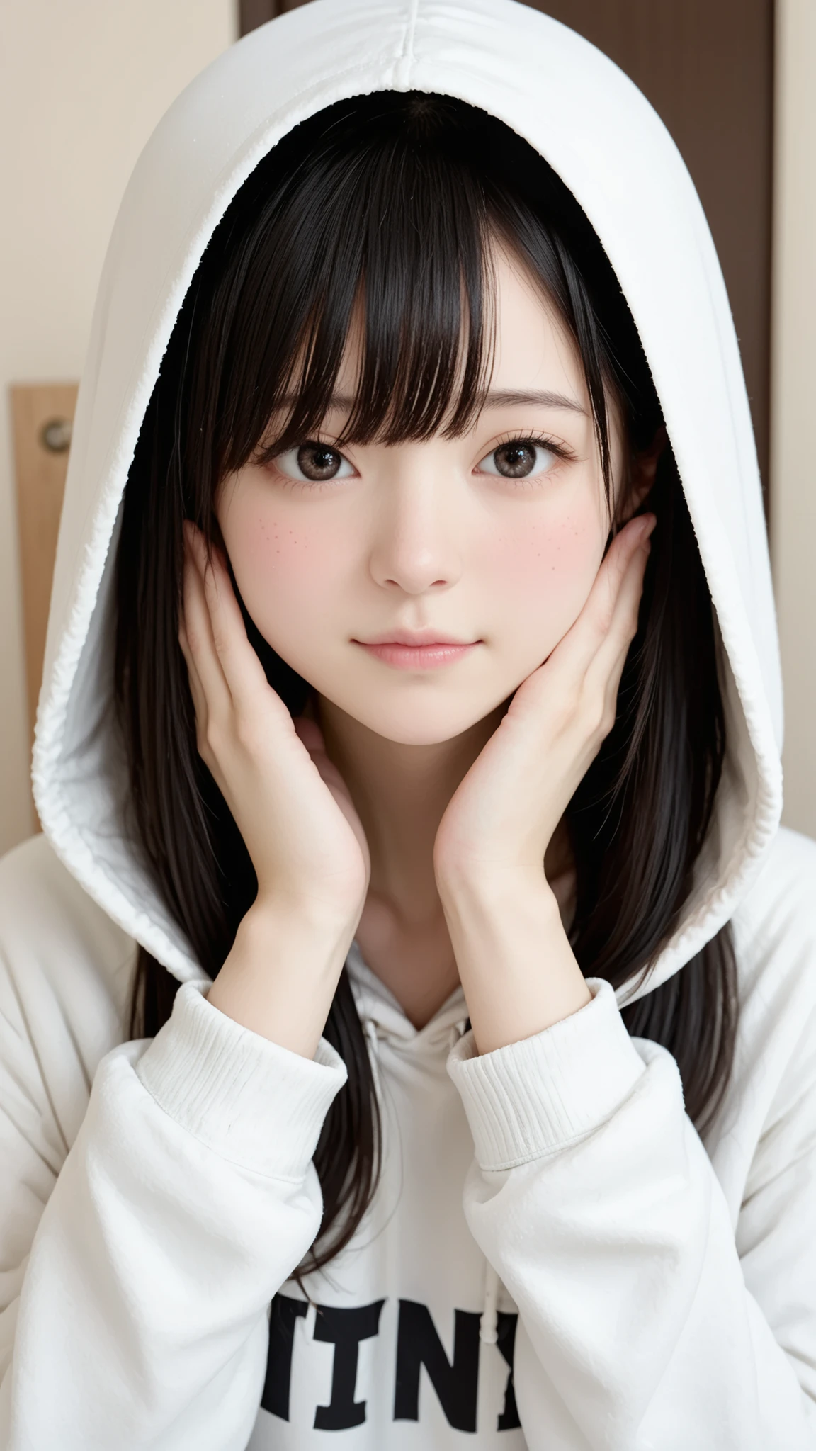 Please draw a shy young girl。With long black hair、Wearing a big white hoodie、I'm completely hiding my face with a hood。, I can'invisible
