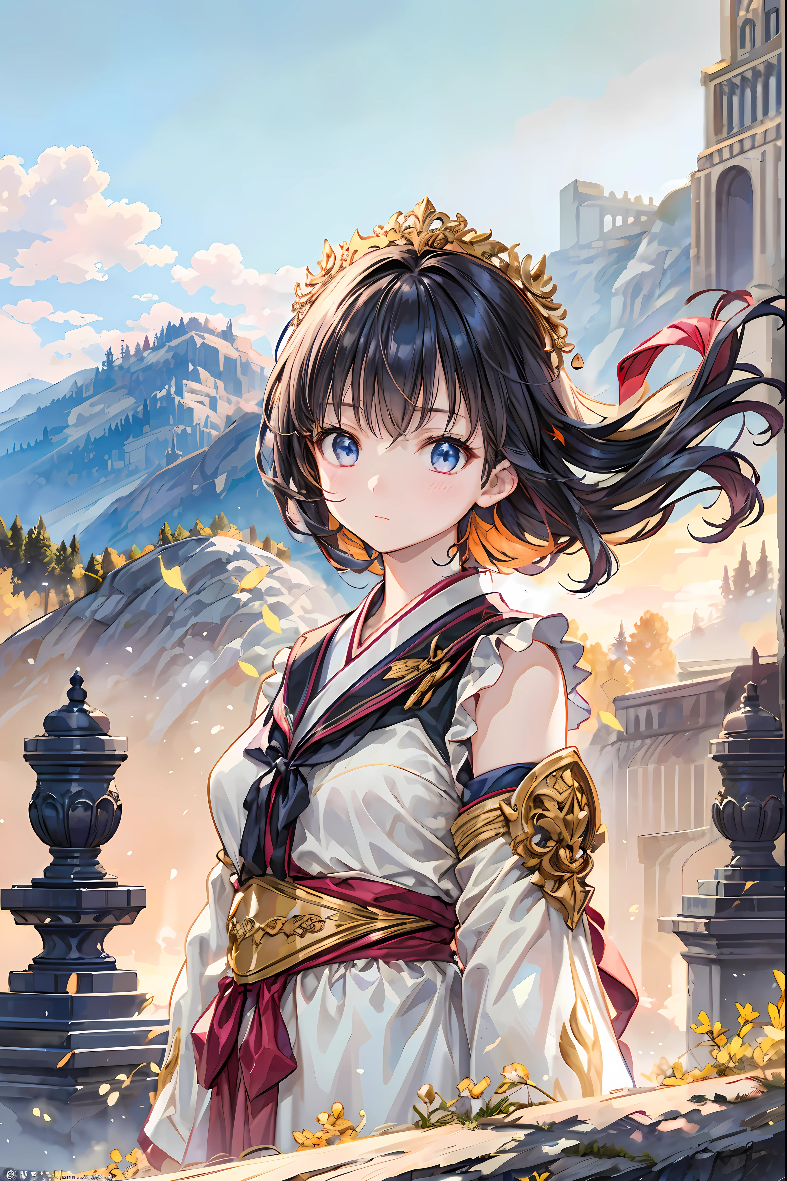 Girl、My hair flutters in a strong wind,Strong winds,Leaves fluttering,Illuminated by a Mysterious Summon、Moment where ordinary everyday life completely changes,High Quality 4K Realistic Depiction,Becomes the central character of the story due to special events,I can see a number of towers in the background,開いた扉から吹き込むStrong windsに照らされ、Awakening by a Spotlight,Blue Sky、 vast plains 、Dense forest、Rocky Mountain、Fantastic Light、Signs of Life。cinematic lighting、ultra high definition、Three-dimensional lighting、masterpiece、sharp focus、dynamic pose、8K、intricate details、A magnificent composition、vivid colors、Amazing Visual Effects、movie、Dramatic Atmosphere