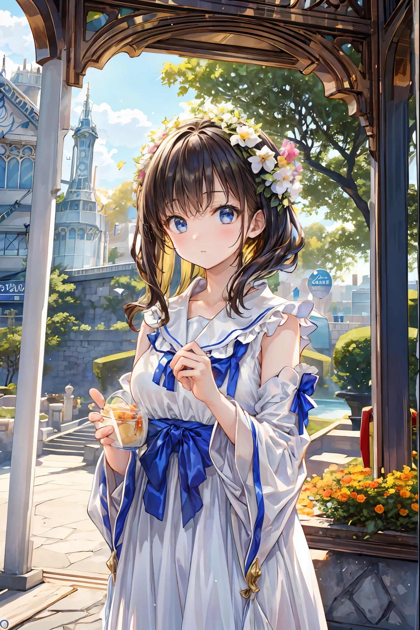 Girl、My hair flutters in a strong wind，Strong winds，Leaves fluttering，Illuminated by a Mysterious Summon、Moment where ordinary everyday life completely changes，High Quality 4K Realistic Depiction，Becomes the central character of the story due to special events，Tokyo Disneyland,Tokyo Disneylandの活気に満ちた魔法のような雰囲気の中を歩く, casual clothes､cute clothes､Cinderella Castle can be seen in the background, warm sunshine､The vibrant and cheerful atmosphere of Disneyland，Families and couples pass by,開いた扉から吹き込むStrong windsに照らされ、Awakening by a Spotlight，Blue Sky、 vast plains 、Dense forest、Rocky Mountain、Fantastic Light、Signs of Life。cinematic lighting、ultra high definition、Three-dimensional lighting、masterpiece、sharp focus、dynamic pose、8K、intricate details、A magnificent composition、vivid colors、Amazing Visual Effects、movie、Dramatic Atmosphere