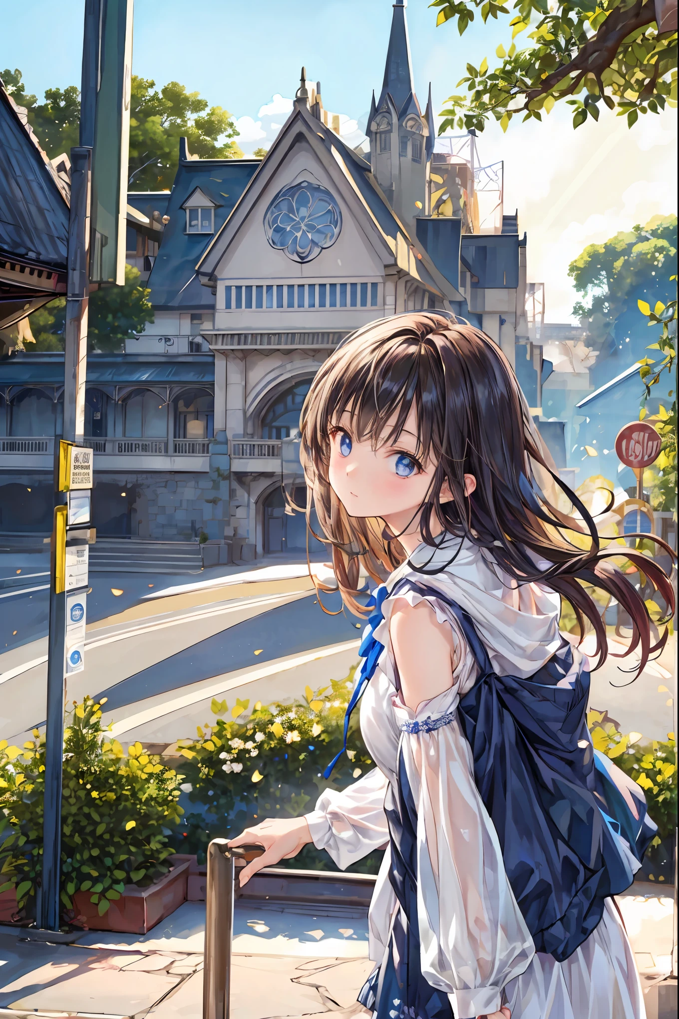 Girl、My hair flutters in a strong wind,Strong winds,Leaves fluttering,Illuminated by a Mysterious Summon、Moment where ordinary everyday life completely changes,High Quality 4K Realistic Depiction,Becomes the central character of the story due to special events,Tokyo Disneyland,Tokyo Disneylandの活気に満ちた魔法のような雰囲気の中を歩く, casual clothes、cute clothes、Cinderella Castle can be seen in the background, warm sunshine、The vibrant and cheerful atmosphere of Disneyland,Families and couples pass by,開いた扉から吹き込むStrong windsに照らされ、Awakening by a Spotlight,Blue Sky、 vast plains 、Dense forest、Rocky Mountain、Fantastic Light、Signs of Life。cinematic lighting、ultra high definition、Three-dimensional lighting、masterpiece、sharp focus、dynamic pose、8K、intricate details、A magnificent composition、vivid colors、Amazing Visual Effects、movie、Dramatic Atmosphere