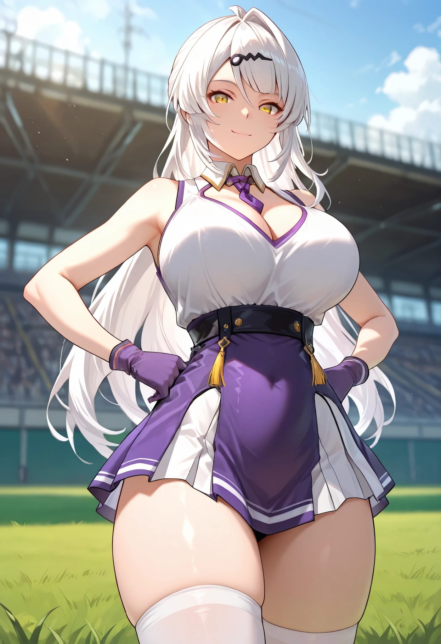 (best quality, masterpiece, ultra detailed, high resolution), Beautiful , score_9, anime style, Masterpiece, best quality, YiXuan, 1girl, yellow eyes, solo, gloves, long hair, closed mouth, bangs, white hair, hair ornament <lora:Yi_Xuan_Early_IL:1>, mature female, large breasts, purple choker, detached collar, cleavage, thick thighs, look at viewer, smiling, bare shoulders, purple gloves, purple necktie, , : two-tone shirt , white shirt , cheerleader costume, cheerleader , Big breasts, midriff, shirt tucked in, crop top, purple skirt, micro skirt ,mini skirt, lawn background, grass, outdoors, blurry background, white stocking, , slender body, slim waist, from below, focus on face, hands on hips,
