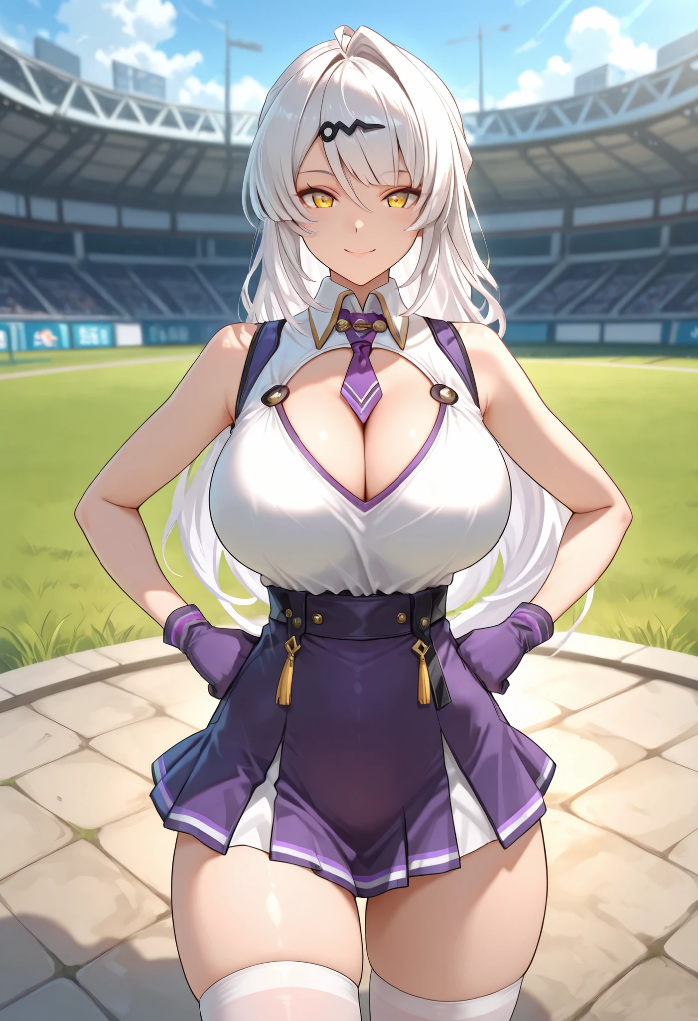 (best quality, masterpiece, ultra detailed, high resolution), Beautiful , score_9, anime style, Masterpiece, best quality, YiXuan, 1girl, yellow eyes, solo, gloves, long hair, closed mouth, bangs, white hair, hair ornament <lora:Yi_Xuan_Early_IL:1>, mature female, large breasts, purple choker, detached collar, cleavage, thick thighs, look at viewer, smiling, bare shoulders, purple gloves, purple necktie, , : two-tone shirt , white shirt , cheerleader costume, cheerleader , Big breasts, midriff, shirt tucked in, crop top, purple skirt, micro skirt ,mini skirt, lawn background, grass, outdoors, blurry background, white stocking, , slender body, slim waist, , focus on face, hands on hips,