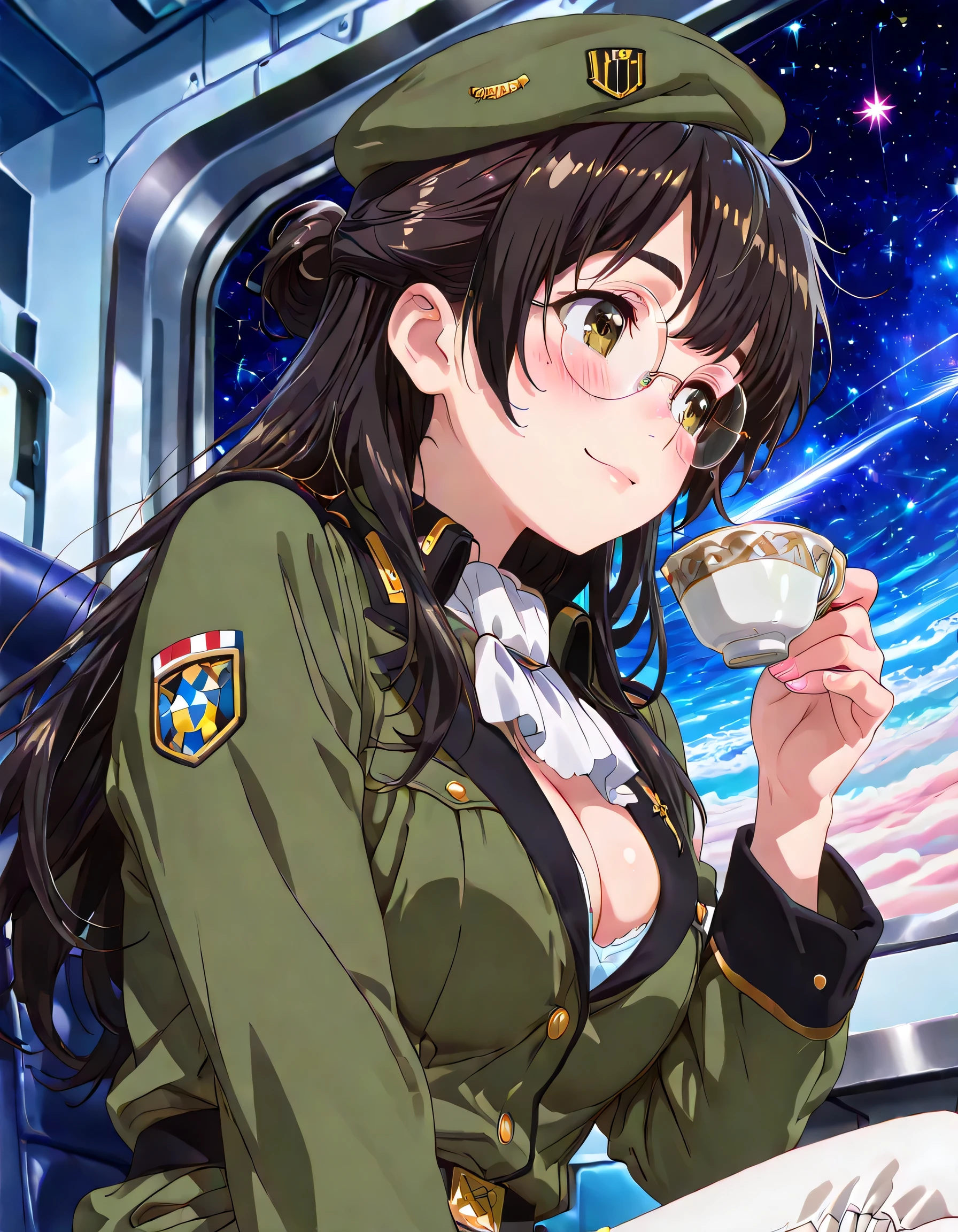 ((ultra-detailed)), (highly detailed CG illustration), (best quality:1.3), ultra-highly detailed, colorful composition, artistic photoshoot, 1girl, solo, moe anime character, Anime-style, harmonious color palette, ethereal ambiance, dainty facial structure, round face, rounded chin:1.2, short stature, thick eyebrows, brown eyes, droopy eyes, black hair:1.3, long hair, half updo, (wearing glasses:1.3), (round eyewear:1.3), ample breasts, military uniform with Khaki green:1.3, military hat with Khaki green:1.3, white ascot, medals, white pants, gentle smile:1.3, blush:1.3, flowing hair in the wind, sitting, drinking tea, tea cup, shaking own head, from side, anted angle, from below, looking away, upper body, inside Free Planets Alliance battleship, outer space through the window, sparkling stars outside, universe, space, sidelighting, dynamic pose, contrapposto pose, best quality, masterpiece, cinematic lighting, 8K resolution, portrait, depth of field, caustics, ray tracing, perfect face, lustrous skin, highly detailed face, highly detailed eyes, perfect face, perfect nose, perfect hair, perfect eyes, beautiful hair, beautiful small face, extremely detailed face, beautiful detailed eyes, beautiful clavicle, beautiful body, beautiful ample breasts, cleavage, breasts squeezed together, beautiful fingers, 4 fingers, 1 thumb, lovely, (very detailed background:1.0), (highly detailed background:1.0), pastel colors palette, kawaii aesthetic, intricate details, girly atmosphere, chromatic aberration