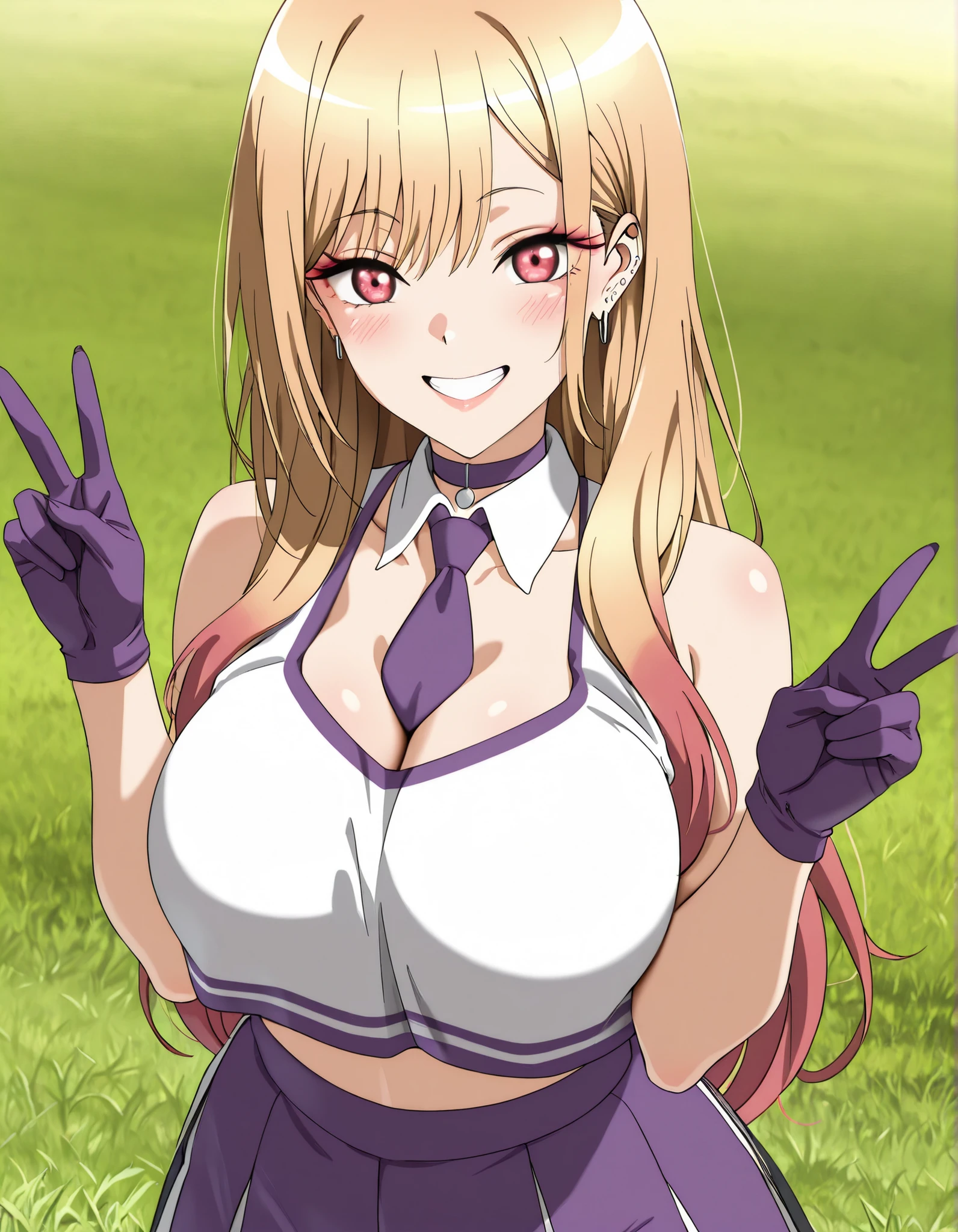 (best quality, masterpiece, ultra detailed, high resolution), Beautiful , tall, score_9, anime style, Masterpiece, best quality, 1girl, purple necktie, marin kitagawa, kitagawa marin, long hair, bangs, blonde hair, red eyes, multicolored hair, mature, ,, , ,, purple choker, detached collar, cleavage, thick thighs, look at viewer, smiling,  shoulders, purple gloves, , purple necktie, purple pom-pom, two-tone shirt , white shirt , cheerleader costume, cheerleader , , midriff, crop top,shirt tucked in, oudoors, lawn background, grass, parted lips , happy, double V gesture, 