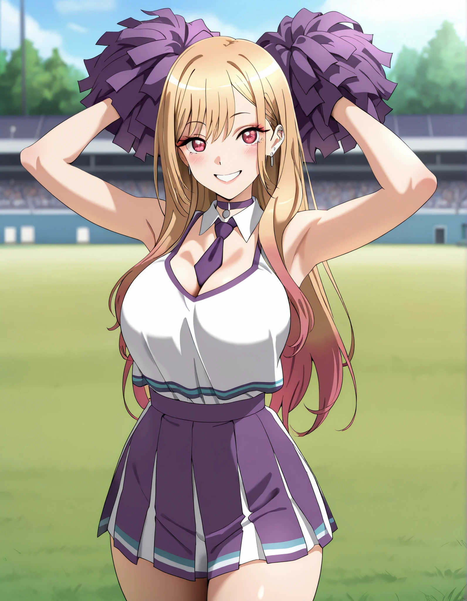 (best quality, masterpiece, ultra detailed, high resolution), Beautiful , tall, score_9, anime style, Masterpiece, best quality, 1girl, purple necktie, marin kitagawa, kitagawa marin, long hair, bangs, blonde hair, red eyes, multicolored hair, mature, ,, , ,, purple choker, detached collar, cleavage, thick thighs, look at viewer, smiling,  shoulders, purple gloves, , purple necktie, purple pom-pom, two-tone shirt , white shirt , cheerleader costume, cheerleader , , midriff, crop top,shirt tucked in, oudoors, lawn background, grass, parted lips , happy, arms up, 