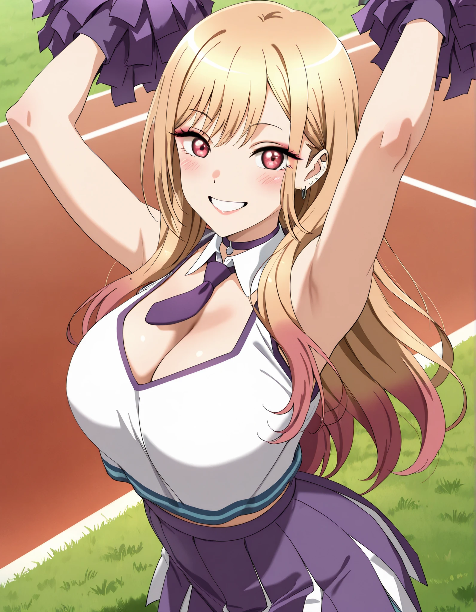 (best quality, masterpiece, ultra detailed, high resolution), Beautiful , tall, score_9, anime style, Masterpiece, best quality, 1girl, purple necktie, marin kitagawa, kitagawa marin, long hair, bangs, blonde hair, red eyes, multicolored hair, mature, ,, , ,, purple choker, detached collar, cleavage, thick thighs, look at viewer, smiling,  shoulders, purple gloves, , purple necktie, purple pom-pom, two-tone shirt , white shirt , cheerleader costume, cheerleader , , midriff, crop top,shirt tucked in, oudoors, lawn background, grass, parted lips , happy, arms up, 