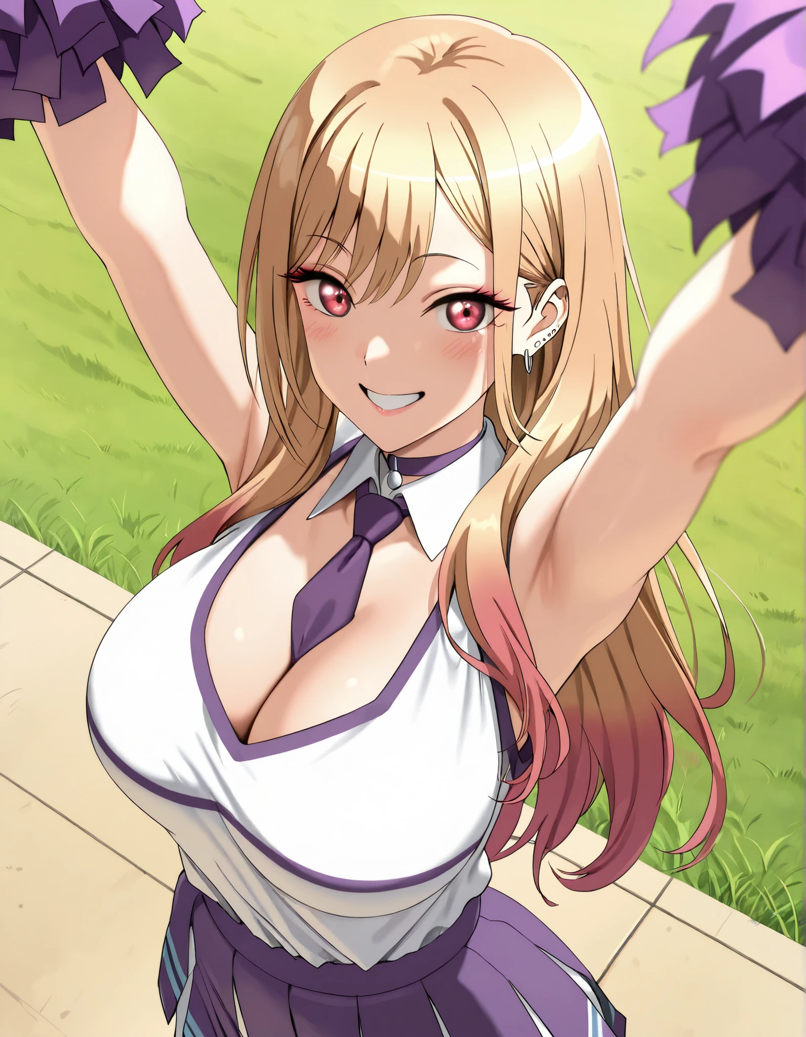 (best quality, masterpiece, ultra detailed, high resolution), Beautiful , tall, score_9, anime style, Masterpiece, best quality, 1girl, purple necktie, marin kitagawa, kitagawa marin, long hair, bangs, blonde hair, red eyes, multicolored hair, mature, ,, , ,, purple choker, detached collar, cleavage, thick thighs, look at viewer, smiling,  shoulders, purple gloves, , purple necktie, purple pom-pom, two-tone shirt , white shirt , cheerleader costume, cheerleader , , midriff, crop top,shirt tucked in, oudoors, lawn background, grass, parted lips , happy, arms up, from above, 