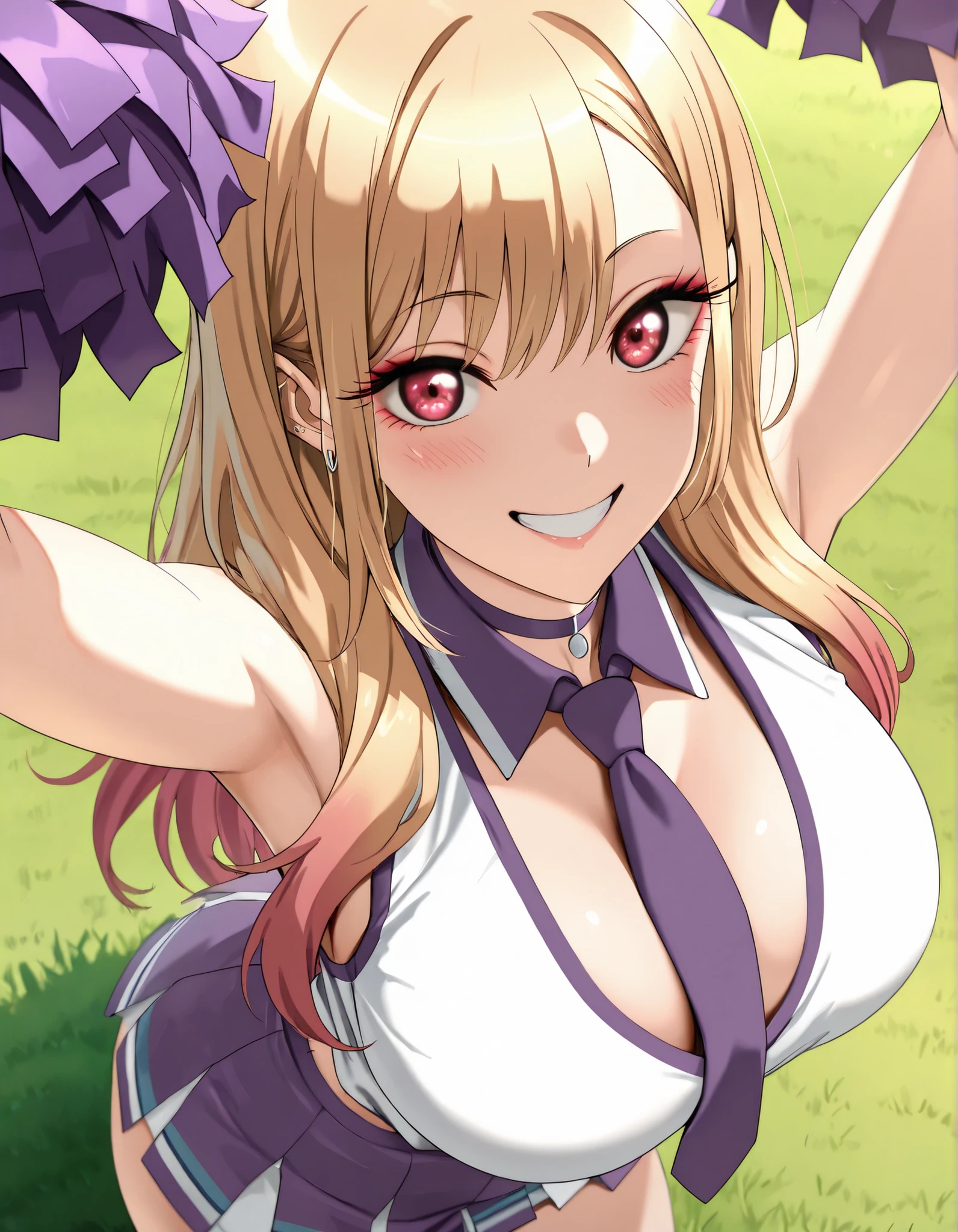 (best quality, masterpiece, ultra detailed, high resolution), Beautiful , tall, score_9, anime style, Masterpiece, best quality, 1girl, purple necktie, marin kitagawa, kitagawa marin, long hair, bangs, blonde hair, red eyes, multicolored hair, mature, ,, , ,, purple choker, detached collar, cleavage, thick thighs, look at viewer, smiling,  shoulders, purple gloves, , purple necktie, purple pom-pom, two-tone shirt , white shirt , cheerleader costume, cheerleader , , midriff, crop top,shirt tucked in, oudoors, lawn background, grass, parted lips , happy, arms up, from above, 