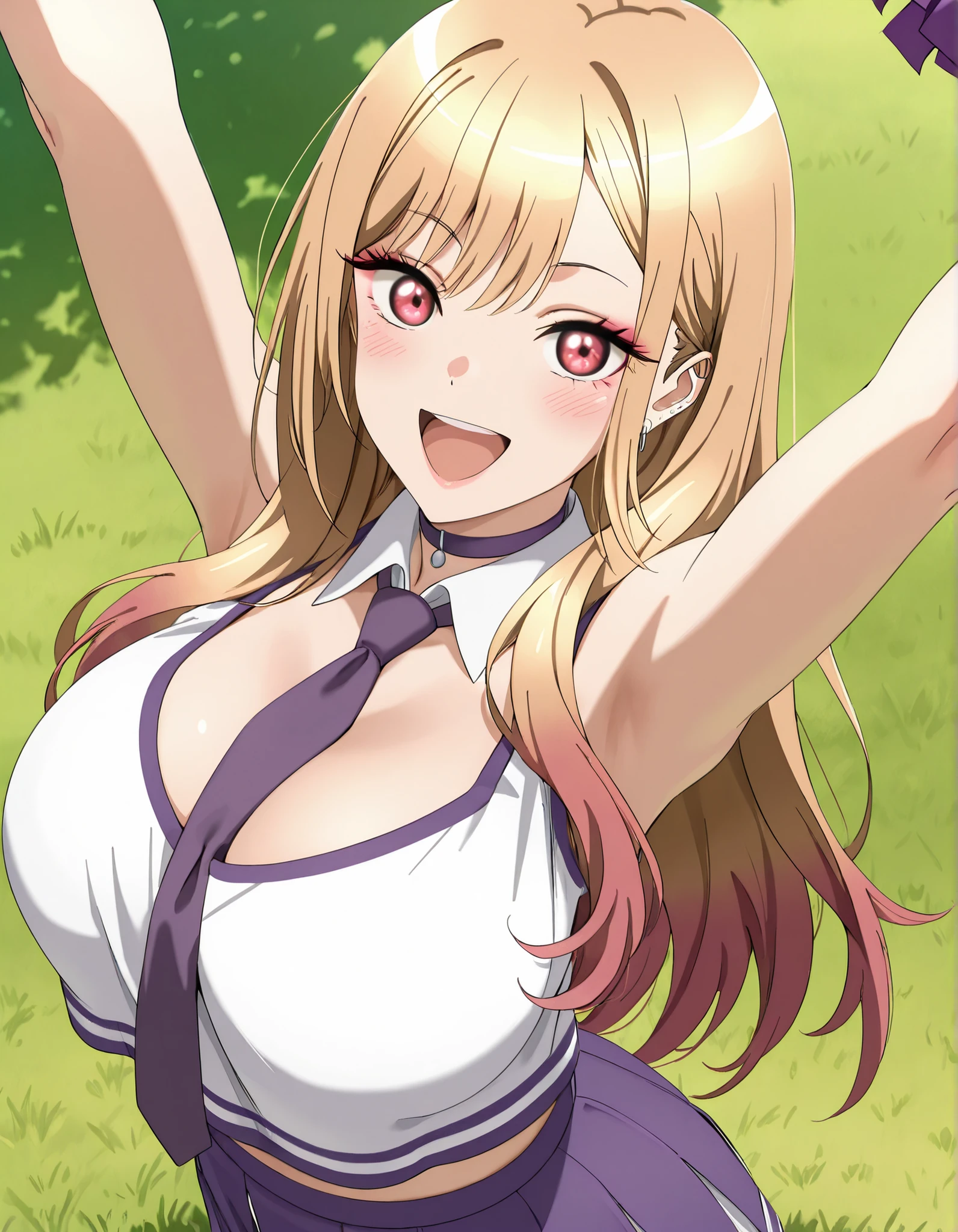 (best quality, masterpiece, ultra detailed, high resolution), Beautiful , tall, score_9, anime style, Masterpiece, best quality, 1girl, purple necktie, marin kitagawa, kitagawa marin, long hair, bangs, blonde hair, red eyes, multicolored hair, mature, ,, , ,, purple choker, detached collar, cleavage, thick thighs, look at viewer, smiling,  shoulders, purple gloves, , purple necktie, purple pom-pom, two-tone shirt , white shirt , cheerleader costume, cheerleader , , midriff, crop top,shirt tucked in, oudoors, lawn background, grass, :D , happy, arms up, from above, 
