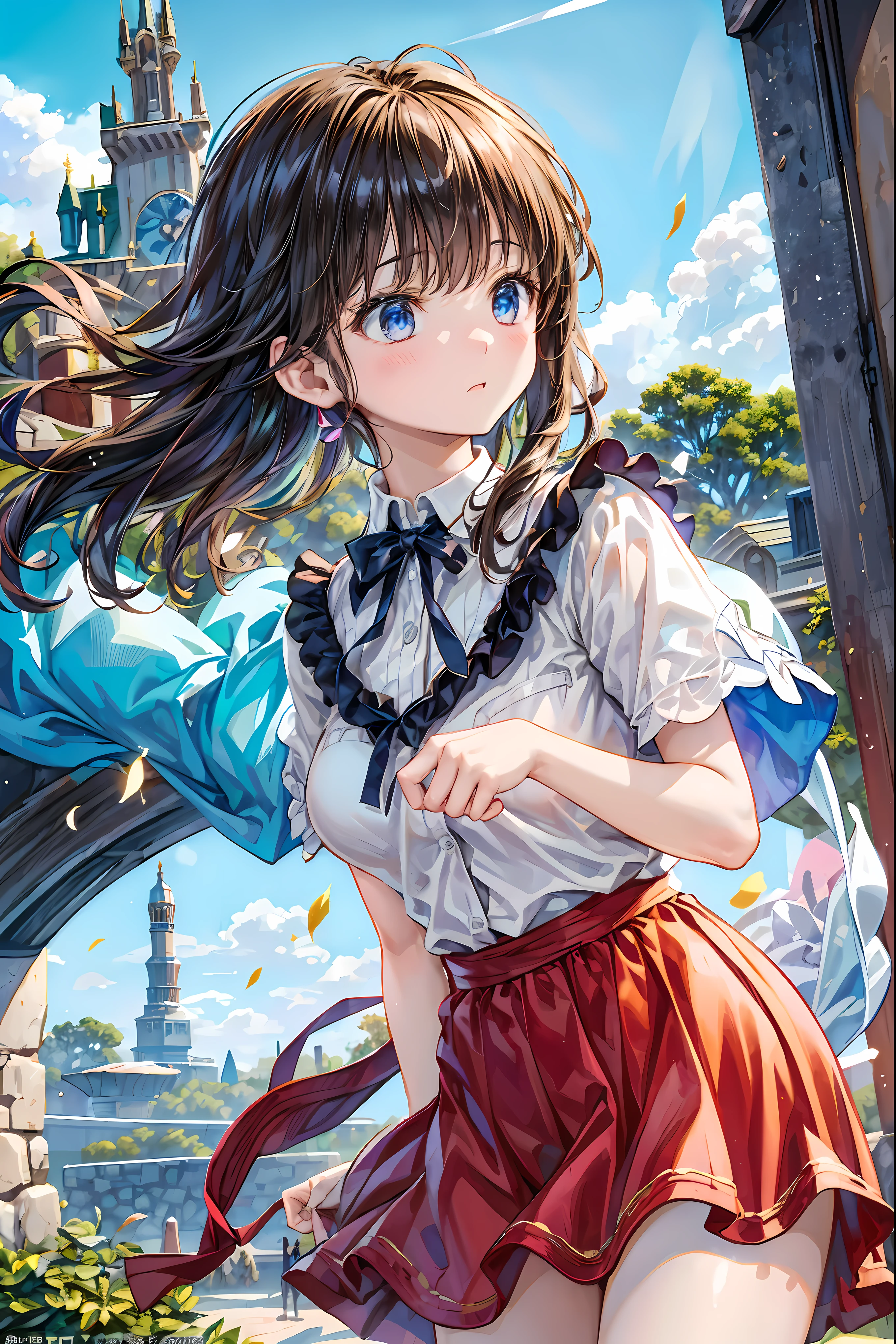 Girl、My hair flutters in a strong wind,Strong winds,Leaves fluttering,Illuminated by a Mysterious Summon、Moment where ordinary everyday life completely changes,High Quality 4K Realistic Depiction,Becomes the central character of the story due to special events,Tokyo Disneyland,Tokyo Disneylandの活気に満ちた魔法のような雰囲気の中を歩く, casual clothes、cute clothes、Cinderella Castle can be seen in the background, warm sunshine、The vibrant and cheerful atmosphere of Disneyland,Families and couples pass by,開いた扉から吹き込むStrong windsに照らされ、Awakening by a Spotlight,Blue Sky、 vast plains 、Dense forest、Rocky Mountain、Fantastic Light、Signs of Life。cinematic lighting、ultra high definition、Three-dimensional lighting、masterpiece、sharp focus、dynamic pose、8K、intricate details、A magnificent composition、vivid colors、Amazing Visual Effects、movie、Dramatic Atmosphere