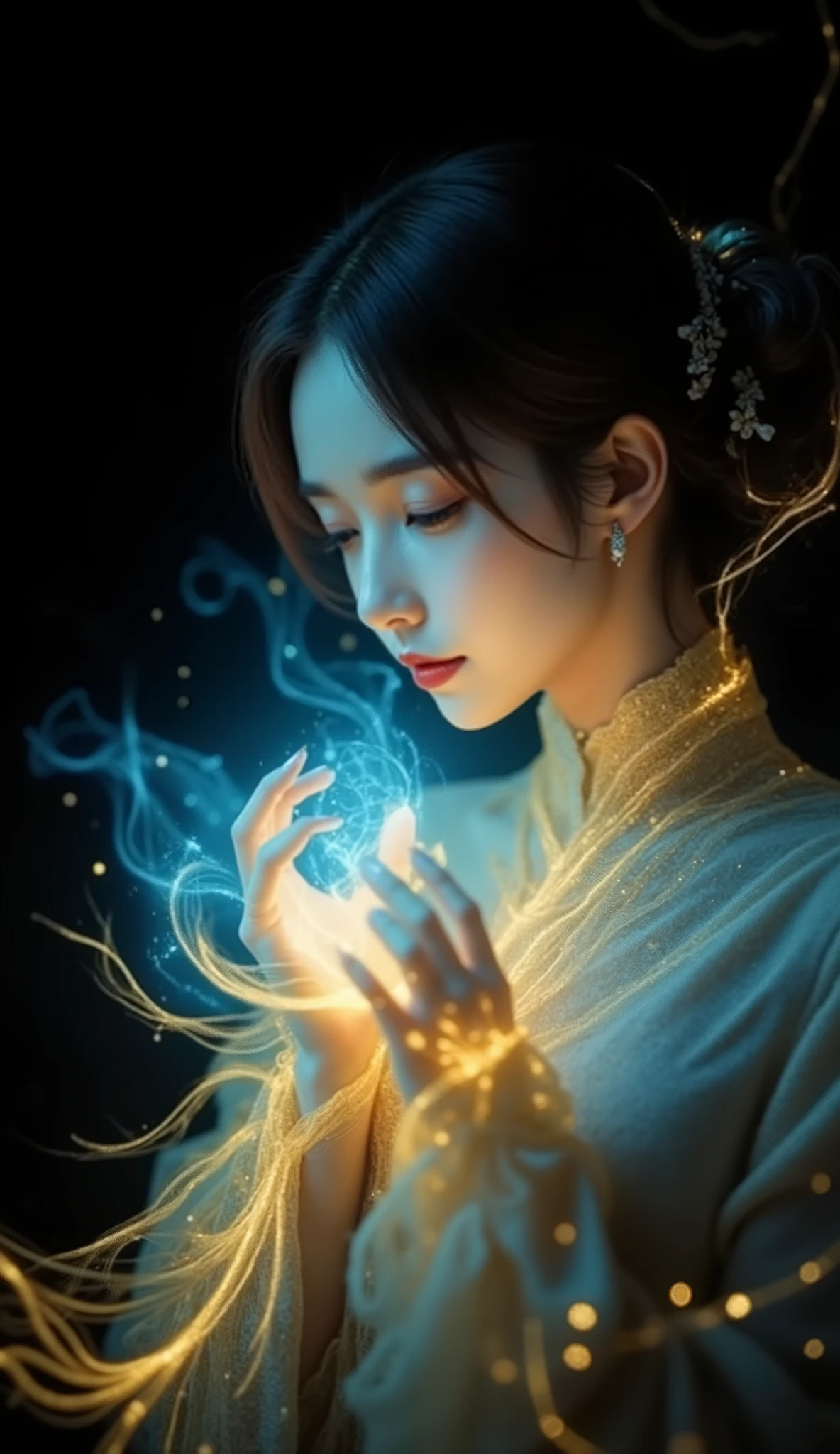 A grainy surrealistic photograph of an Asian woman in a dramatic and mystical pose, manipulating a string of glowing golden light between her hands. His expression is intense , with fixed eyes and lips painted red, creating a striking contrast with the black background. Her face and hands are illuminated by a soft blue glow, that contrasts with the golden glow of the light thread she holds. Particles of light float around, adding an ethereal and magical feeling to the scene. Your hair is elegantly groomed, reinforcing the enigmatic and magical tone of the composition. The use of grainy texture and soft gradients give the composition a retro-futuristic aesthetic, emphasizing the mysterious and thought-provoking nature of the piece.