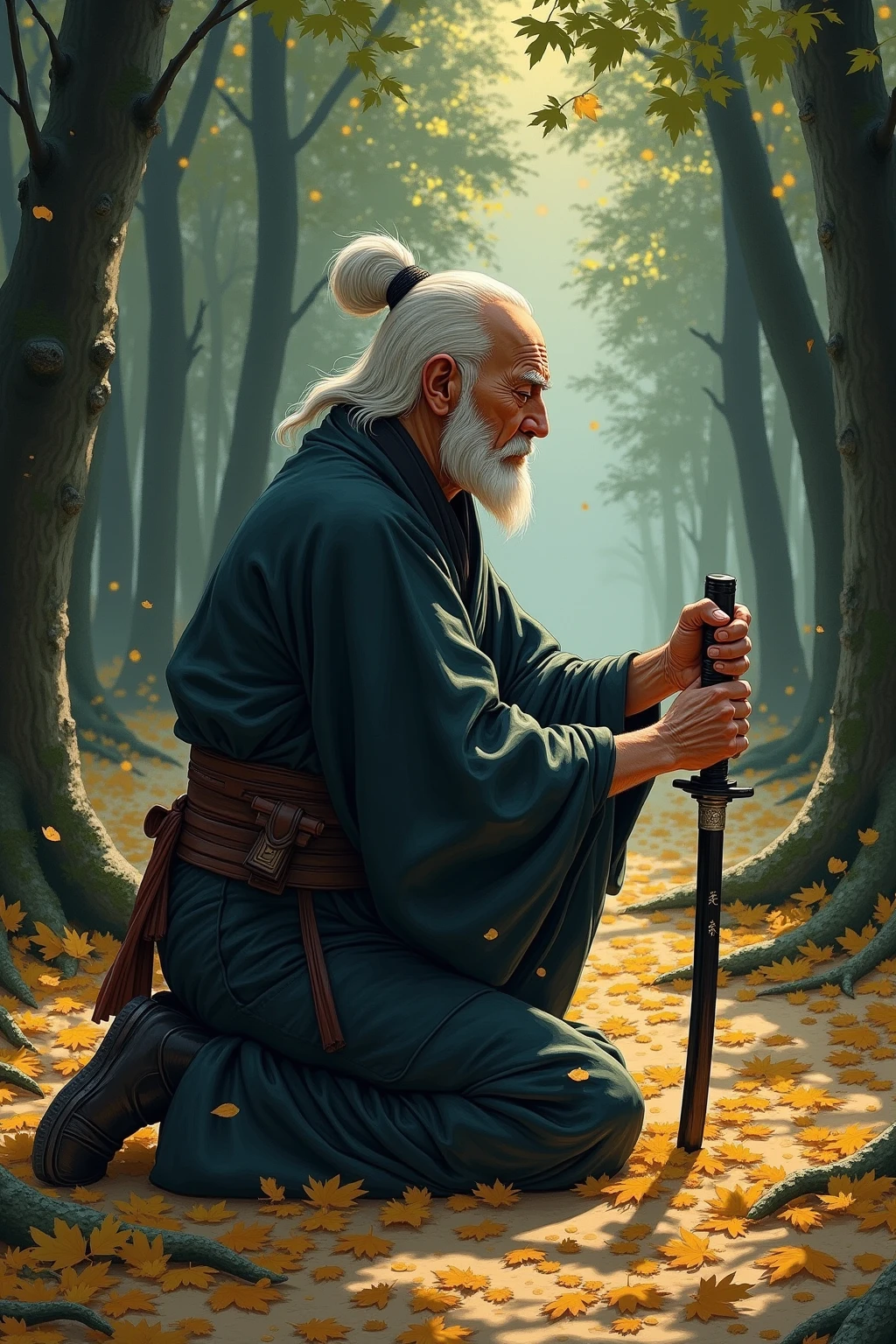 An elderly samurai kneels in a forest glade, Surrounded by fallen leaves. his hands on the handle, Close your eyes. Light shines through the woods, casting patterned shadows on the ground. scene is calm and dignified, rendered with textured brushstrokes in a style inspired by Japanese ink painting. high-resolution, Poetic atmosphere, ultra-detailed character rendering.