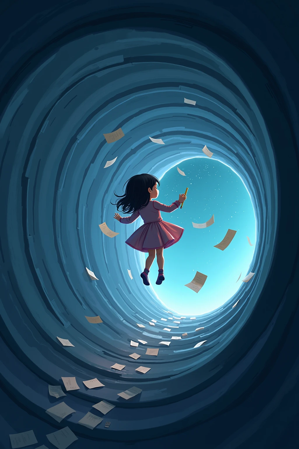 girl floating in a spaceship in zero gravity, surrounded by drifting paper, A floating pencil, and starlight peeking through a porthole. The scene captures quiet curiosity in isolation. illustrated in a sci-fi conceptual art style, rendered with soft gradients and backlighting. palette is cool and soft, emphasizes realism and subtle surrealism. ultra-detailed interior design, Poetic spatial composition, high-resolution.