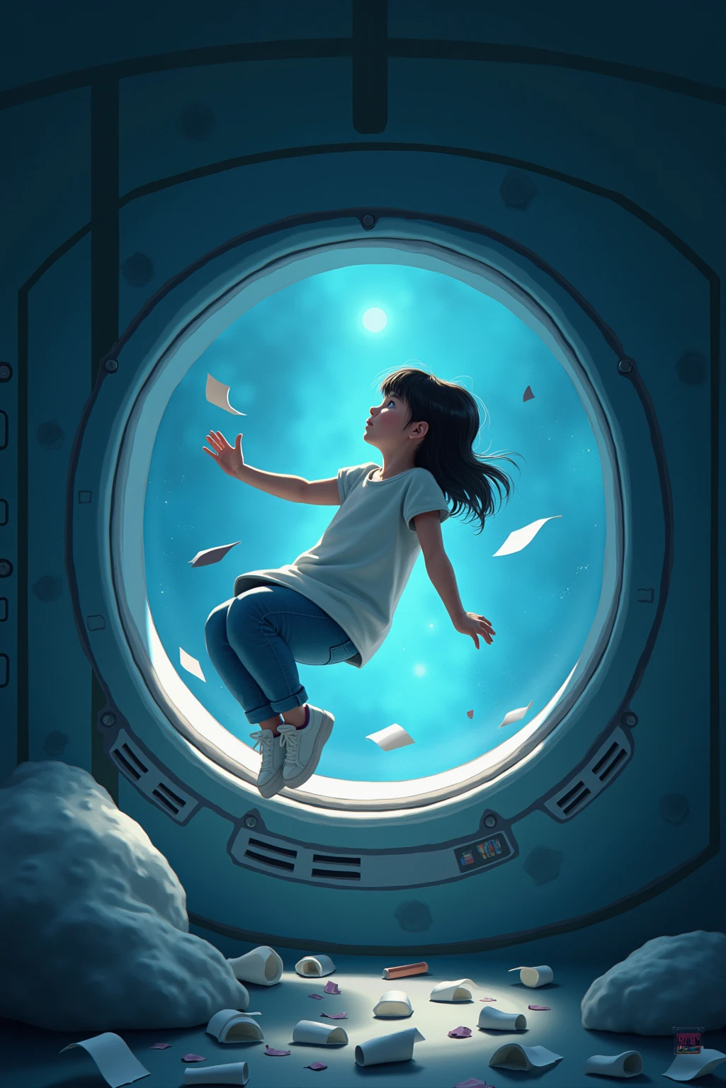 girl floating in a spaceship in zero gravity, surrounded by drifting paper, A floating pencil, and starlight peeking through a porthole. The scene captures quiet curiosity in isolation. illustrated in a sci-fi conceptual art style, rendered with soft gradients and backlighting. palette is cool and soft, emphasizes realism and subtle surrealism. ultra-detailed interior design, Poetic spatial composition, high-resolution.