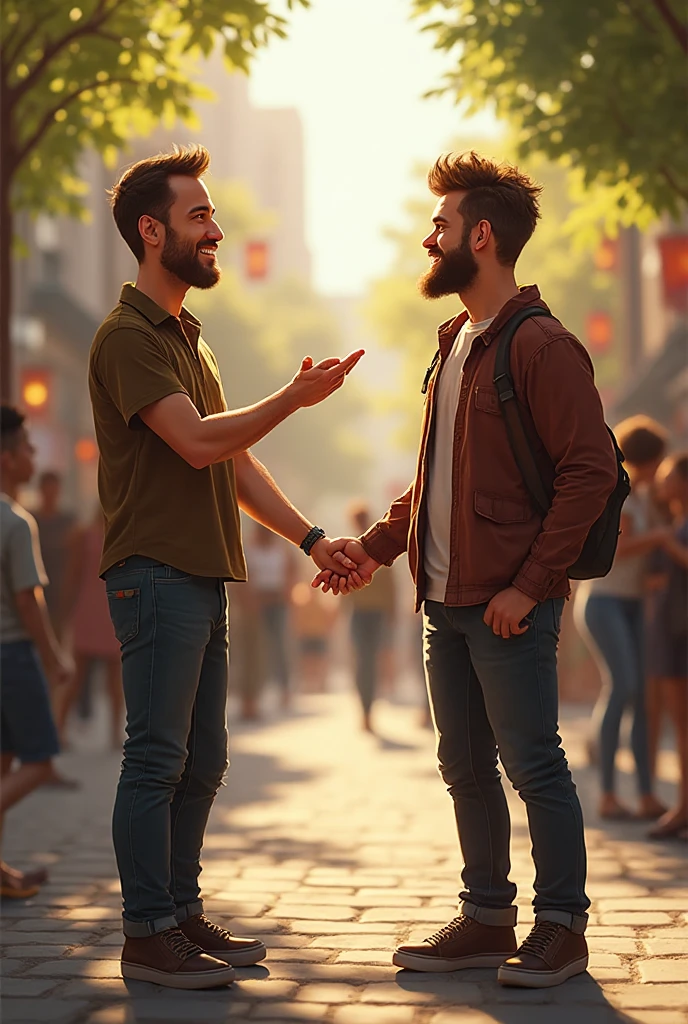 (photorealism:1.2) . "Two friends embracing each other warmly at a train station, with expressions of genuine joy. One of them is smiling widely while holding his backpack, indicating a long absence