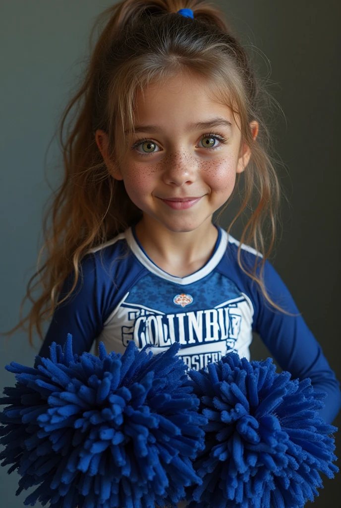simple background, cowboy shot, symmetrical, uniform spacing, standing straight for camera, ((arms behind back)), one cheerleader girl, (22 years old), (((tank top, pleated , long socks))), smiling, cute