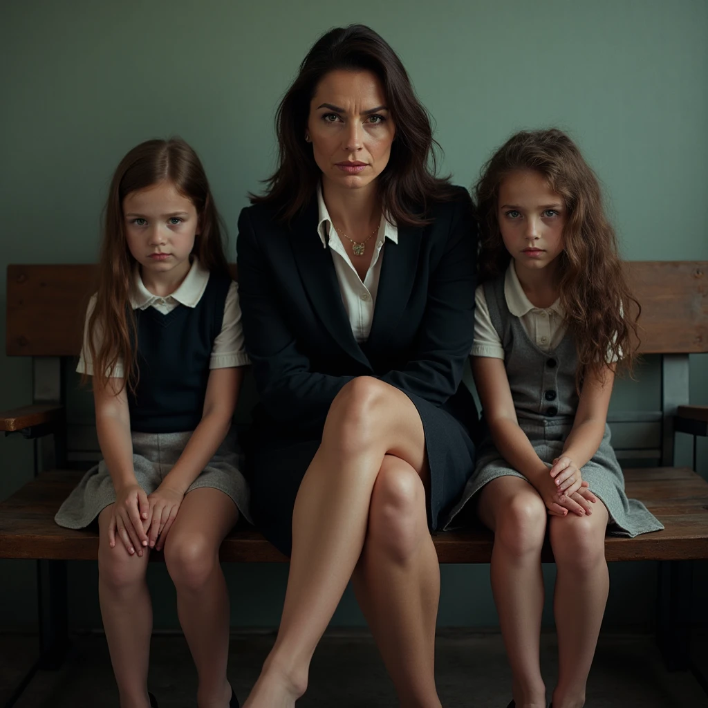 Realistic photo, pale skinned, looking into the camera lens, female British Caucasian teacher and two British 18yo schoolgirls, the teacher is 45yo with wrinkles and brunette and slim and extremely pretty and wearing a suit jacket and short suit skirt and is wearing flat black shoes and has bare legs, both schoolgirls are 18yo and British and brunette and cute and beautiful and wearing very short school skirts and flat black shoes and have bare legs, sitting on a bench looking petrified and very worried
