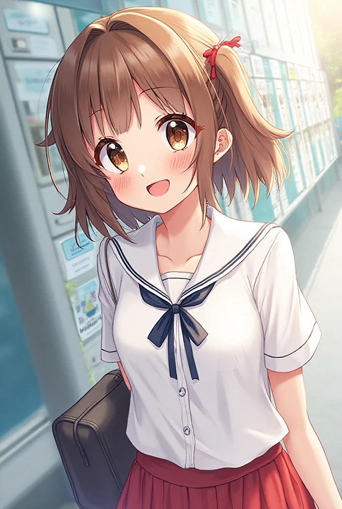 Photo Real, Young girl, High detail, high quality, masterpiece, (Small breasts)), at school, Ultra-short , One Girl, anime、Hold a  in your mouth、A defiant smile、Lifting her skirt, a dark alley、Sit on the air conditioner's outdoor unit