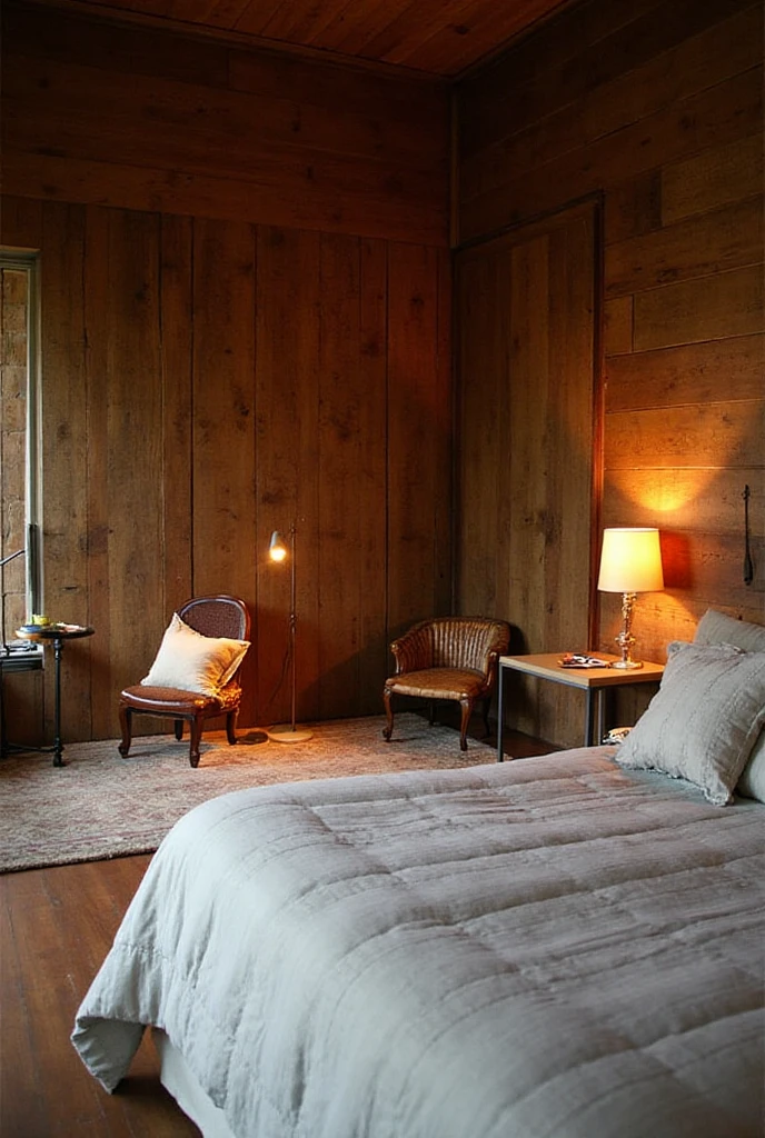 A cozy bedroom showcases rustic wood paneling on one wall, adding ...
