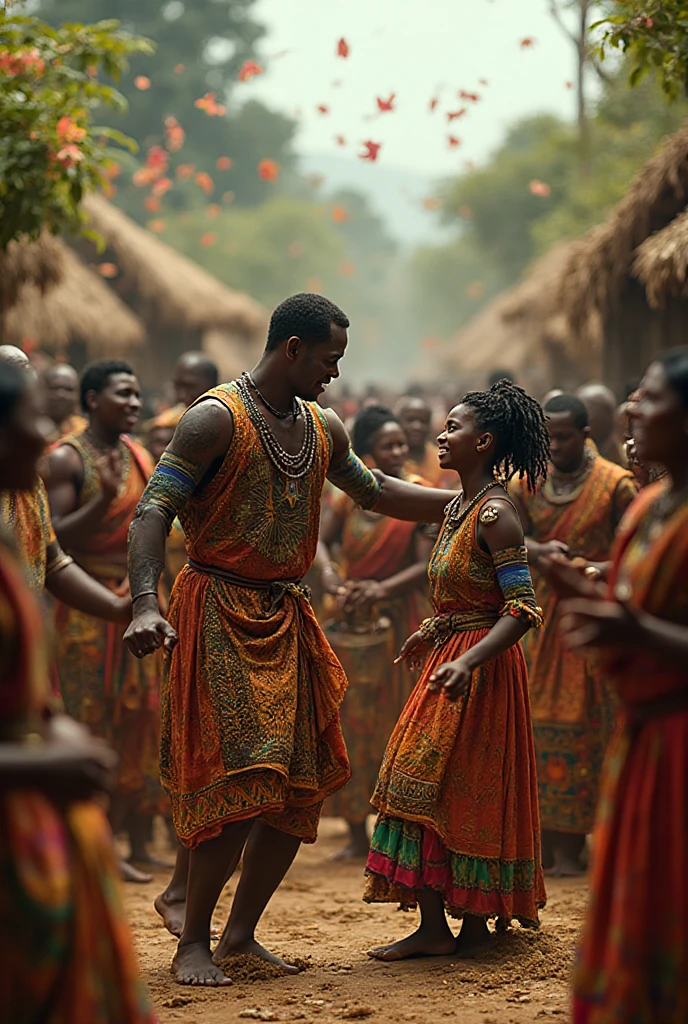 ((Highest quality)), ((masterpiece)), (detailed), (Perfect Face)、The woman is Aoki Reika, a Ghanaian with black skin and medium-long hair, and is a dancer of the indigenous people of Ghana, Africa.、A woman is wearing a Ghanaian tribal dance costume and has a Ghanaian hairstyle, and is dancing an African tribal dance with a man, who is proposing to her.