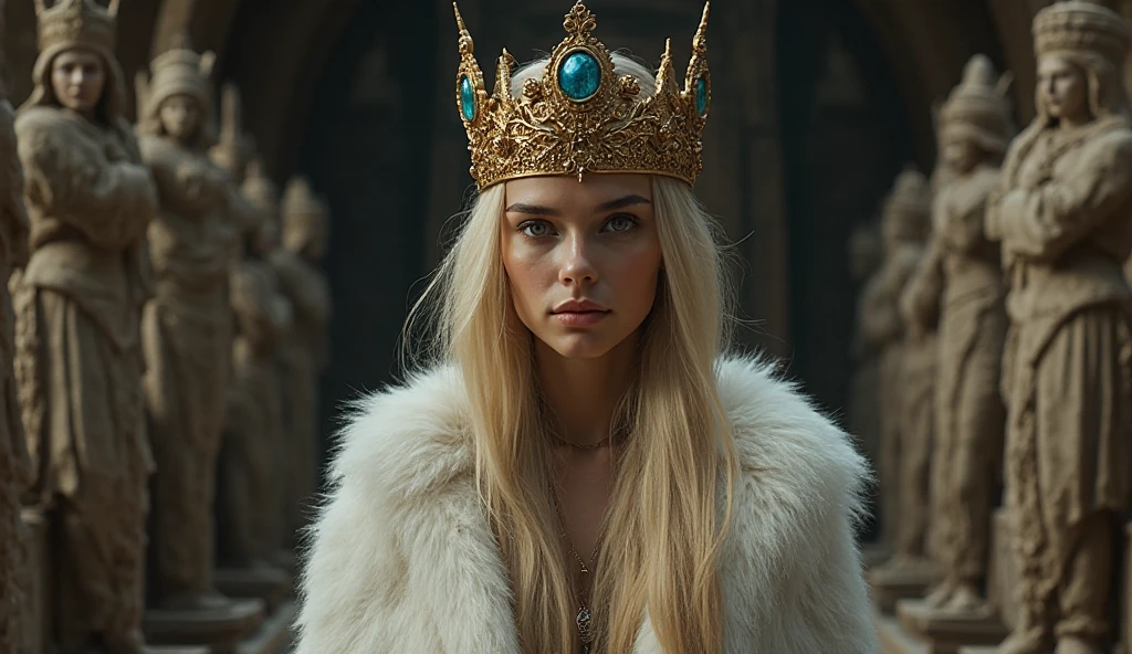   a close up of a woman with a crown on her head, da rainha élfica Galadriel, Galadriel, Galadriel in Lothlórien, blonde elf empress, Galadriel from The Lord of the Rings , Scene where she is in Rivendell, beautiful elven princess,   imogen Poots as Holy Paladin  , Elven Princess, persephone 