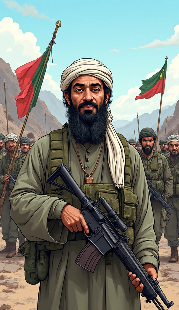 Create an image like Afghanistan army with gun with beard.  in the background set "لآ اِلَهَ اِلّا اللّهُ مُحَمَّدٌ رَسُوُل اللّهِ "
name in the flag with white background . 
