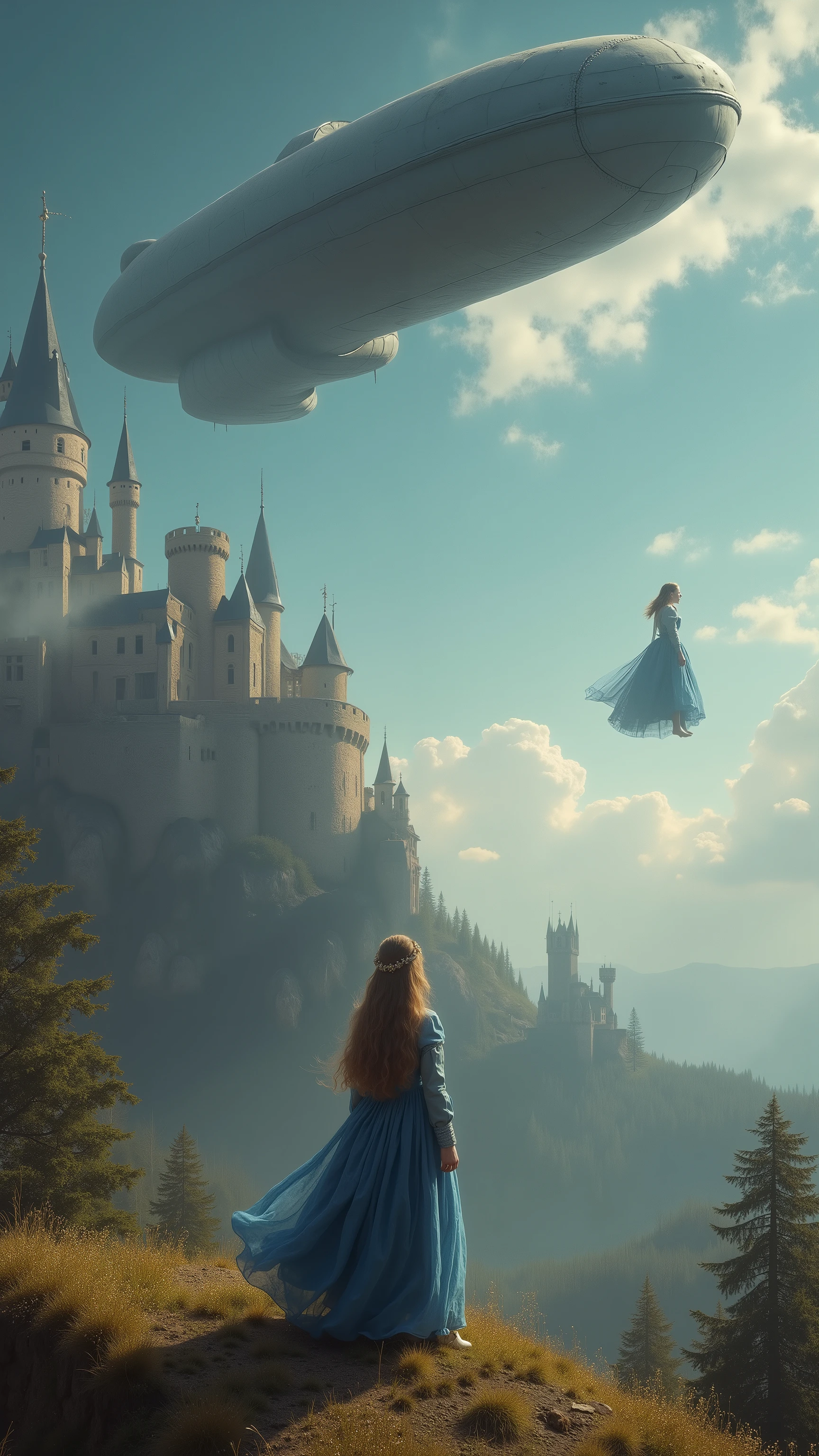 high-definition images、Princess Charlotte in medieval Europe is abducted by a cigar-shaped UFO、A princess in a blue dress floats in the sky in front of a castle、The cigar-shaped UFO in the sky looks small