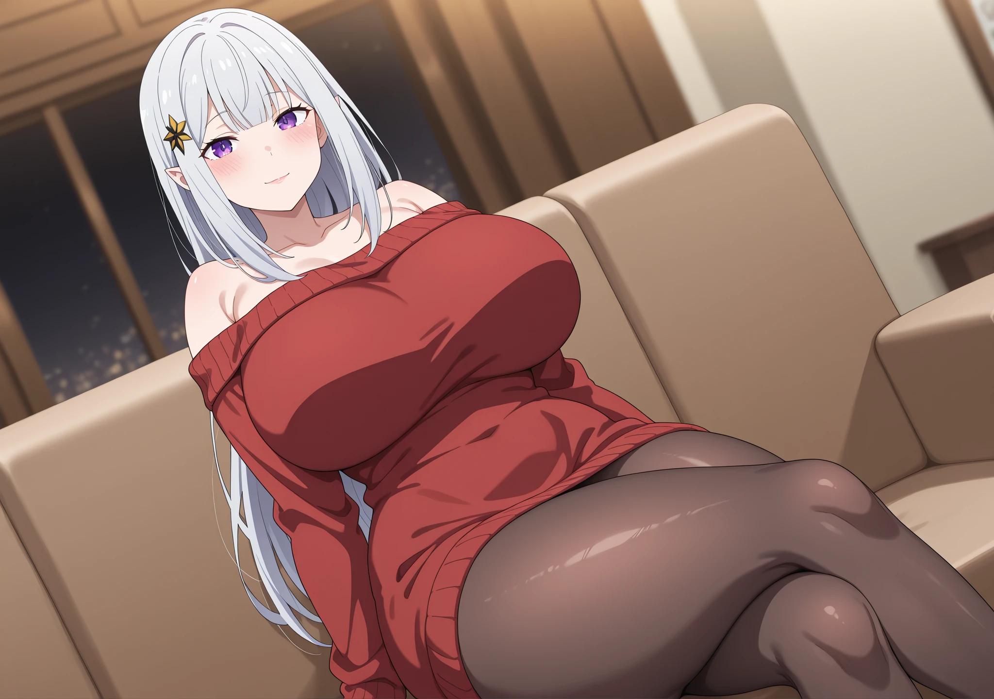 newest , masterpiece , anime screencap , anime coloring , adult ReZero, long dress, Satella, Anime, 1girl, Mature Female, pointy ears, hair ornament, blush, silver hair, long hair, closed mouth, light smile, lips, purple eyes, view detailed body, ractical body shape, glamorous bodies, attractive bodies, motherly, big Curvy, Slutty, Neat, huge breasts, big buttocks, wide Butt, thick thighs, Toned thighs, ((off shoulder , off-shoulder dress , off-shoulder sweater , pantyhose , red sweater , sweater , sweater dress , thighs,)), sitting , crossed legs , from front , dutch angle , (looking at viewer) , (cowboy shot) , living room , blurred background, ((Sexy,))) 