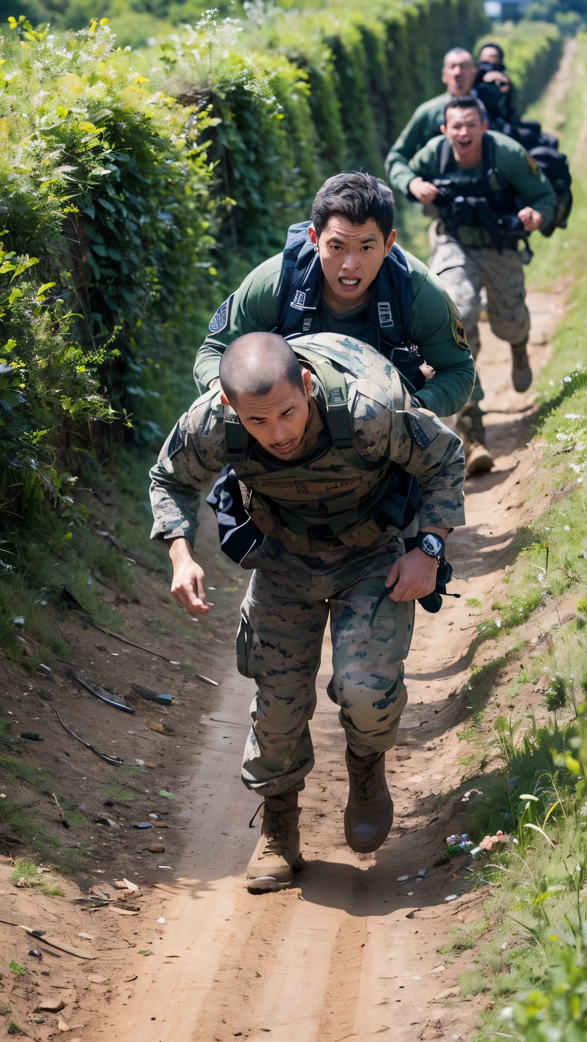 high-definition images、Navy Seals training、丸太を肩に担いで走る、Fully equipped Navy Seals run up a slope carrying a single log in a group of 4、Other Marines cheering
