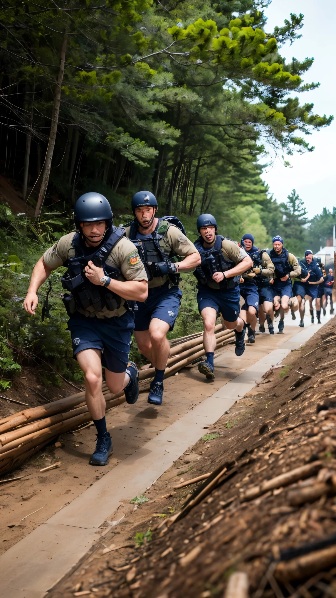 high-definition images、Navy Seals training、丸太を肩に担いで走る、Fully equipped Navy Seals run up a slope carrying a single log in a group of 4、Other Marines cheering