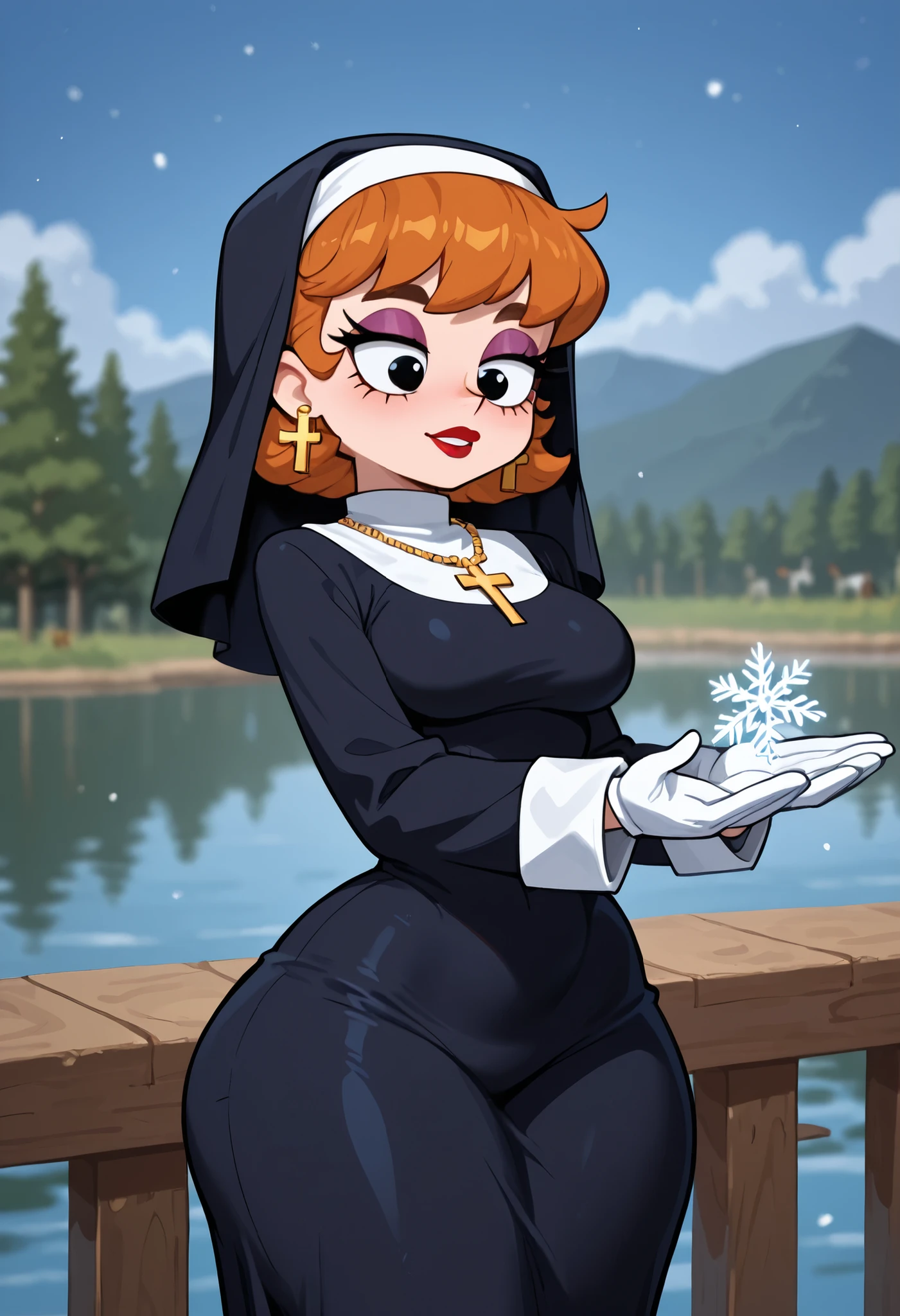 dextersmom, mature female, short hair, slightly curly hair, ginger, black eyes, big eyes, long eyelashes, , rounded , narrow waist, thick thighs, huge , fair skin, thin hands, earrings, makeup, red lips, lipstick.| 1girl, nun, habit, cross earrings, gloves, long sleeves, long skirt, She stands with her hands in the air, catching snowflakes, zoo, lake, cowboy shot, solo, intricately detailed illustration, masterpiece, best quality, amazing quality, very aesthetic, absurdres, newest, scenery, (volumetric lighting:1.1), depth of field,