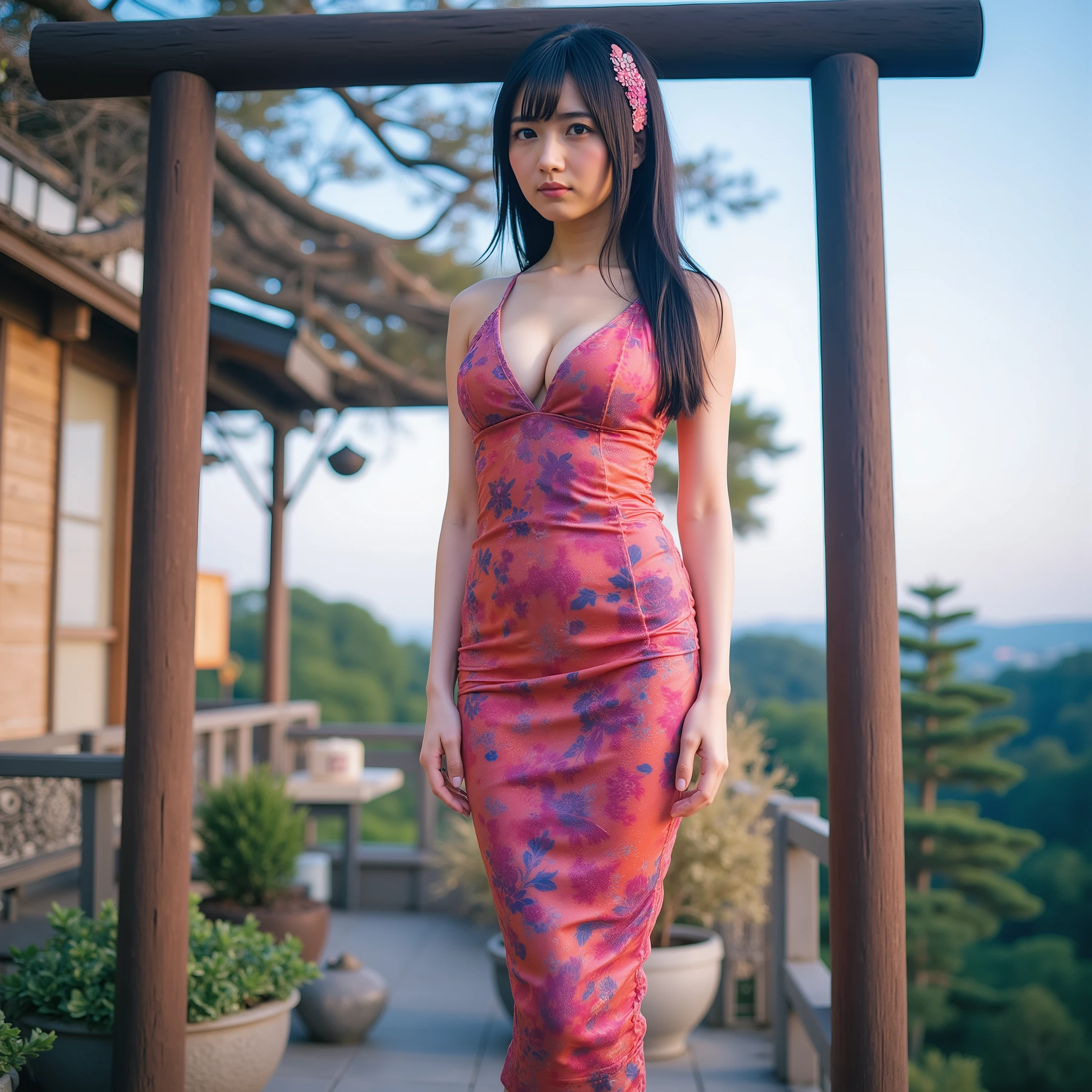 Super Detailed, masterpiece, ultra high definition suspended from a torii gate,, high quality, Clarity of Photos , (latex blue purple pink orange red barista clerk's clothes and skirt:1.10), (Wide shot of a beautiful female cafe clerk working on the cafe's open terrace:1.10), (Very tight costume designed to accentuate the bust:1.5), ultra clear focus, BREAK,
(Japan Top Gravure Idol:1.5), full body shot, Super Detailedな美しい女性24歳, slender body, F cup bust, SLIM MODEL BODY TYPE, BREAK,
(The background is an open terrace at a cafe in town),
