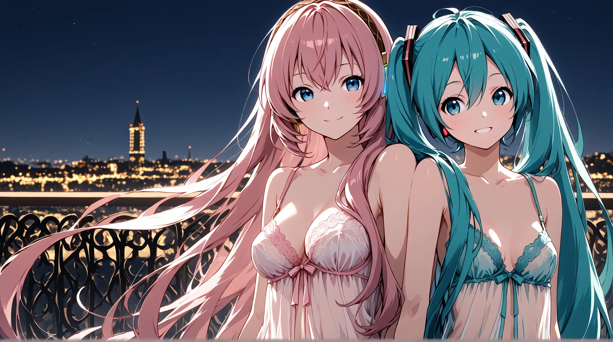 Megurine Luka,Hatsune Miku, sheer lingerie,high resolution, EXTERIOR, , smile, mouth, Highest Quality