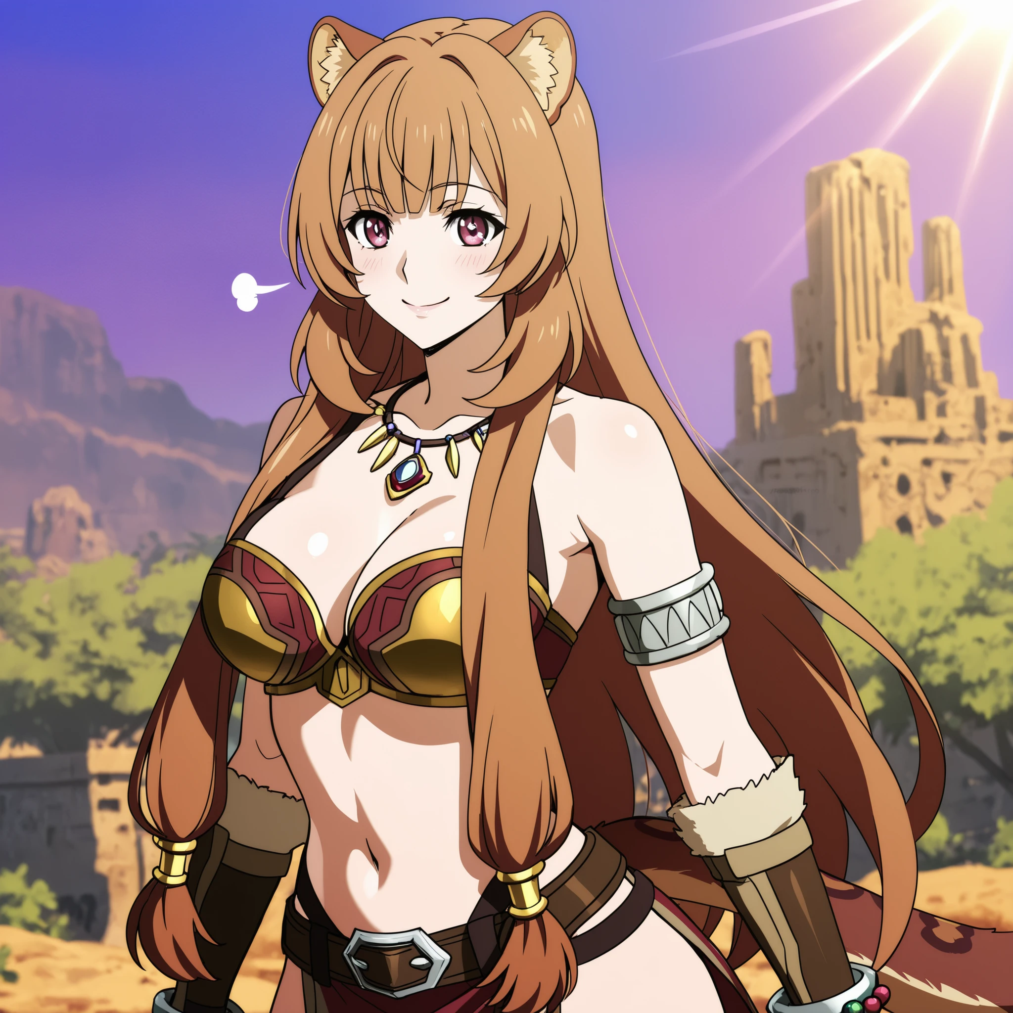 A semi-human girl of about 20 years old, fusion between Raphtalia and Lucy. combines Raphtalia's big, expressive eyes with her flirty and confident air by Lucy, intense look in a bright violet color with feline pupils. her hair is long, loose and smooth, of a golden blonde with subtle orange tufts, neckline adorned with black spots inspired by the fur of a jaguar. She wears rounded jaguar ears covered with soft speckled fur and a delicate slender feline tail, also tainted.

 Her figure is curvaceous , with a narrow waist and generous breasts, transmitting sensuality and strength. She wears a wild explorer outfit: a leather bikini with a jaguar design, reinforced with straps and details of tribal golden metal, accompanied by a short loincloth with feather ornaments and tribal beads. A belt with pendants and beads decorate her hips, leather bracelets wrap her arms, and a necklace of green and turquoise stones highlights her.

Her expression mixes decisiveness and flirty, with a confident smile and a light blush. The background shows an ancient ruined city surrounded by jungle, with rays of sun filtering through the trees, reinforcing the mystical and wild atmosphere.