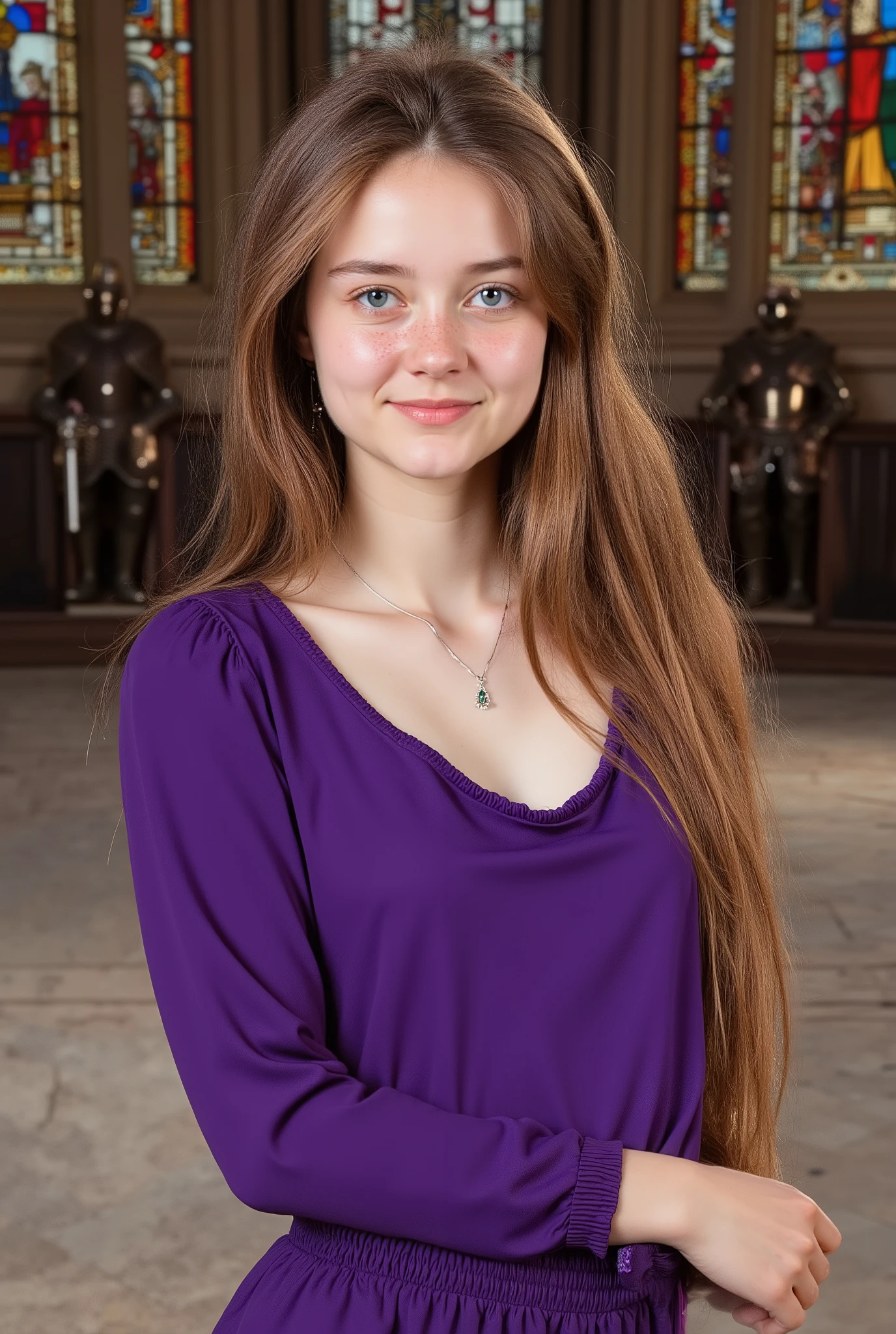 alta qualidade , Realistic portrait of an 18-year-old blonde woman wearing a long skirt, with wavy blond hair and bright blue eyes. She has an enchanting smile and freckles on her face, wearing a purple blouse that accents her plump bust, Paired with a loose miniskirt that accentuates her style. Her jewelry consists of small earrings. Standing confidently in a large castle with medieval architecture and a large courtyard. Ao fundo 、The grand setting with some armor and large stained glass windows is characteristic. (, chest:1.3)