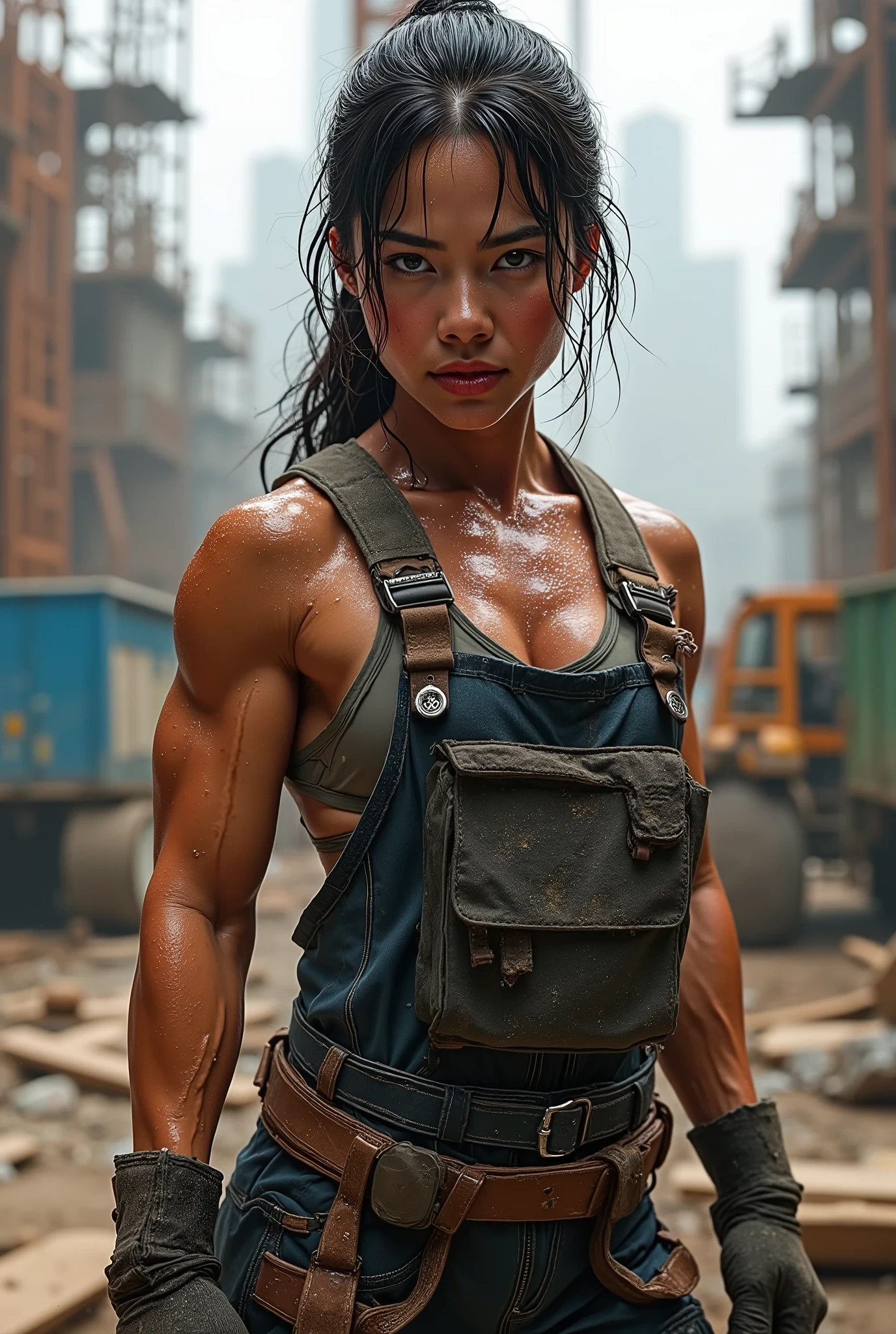 construction site、Japanese woman with a well-trained body、Work Clothes、Sweat running all over her body