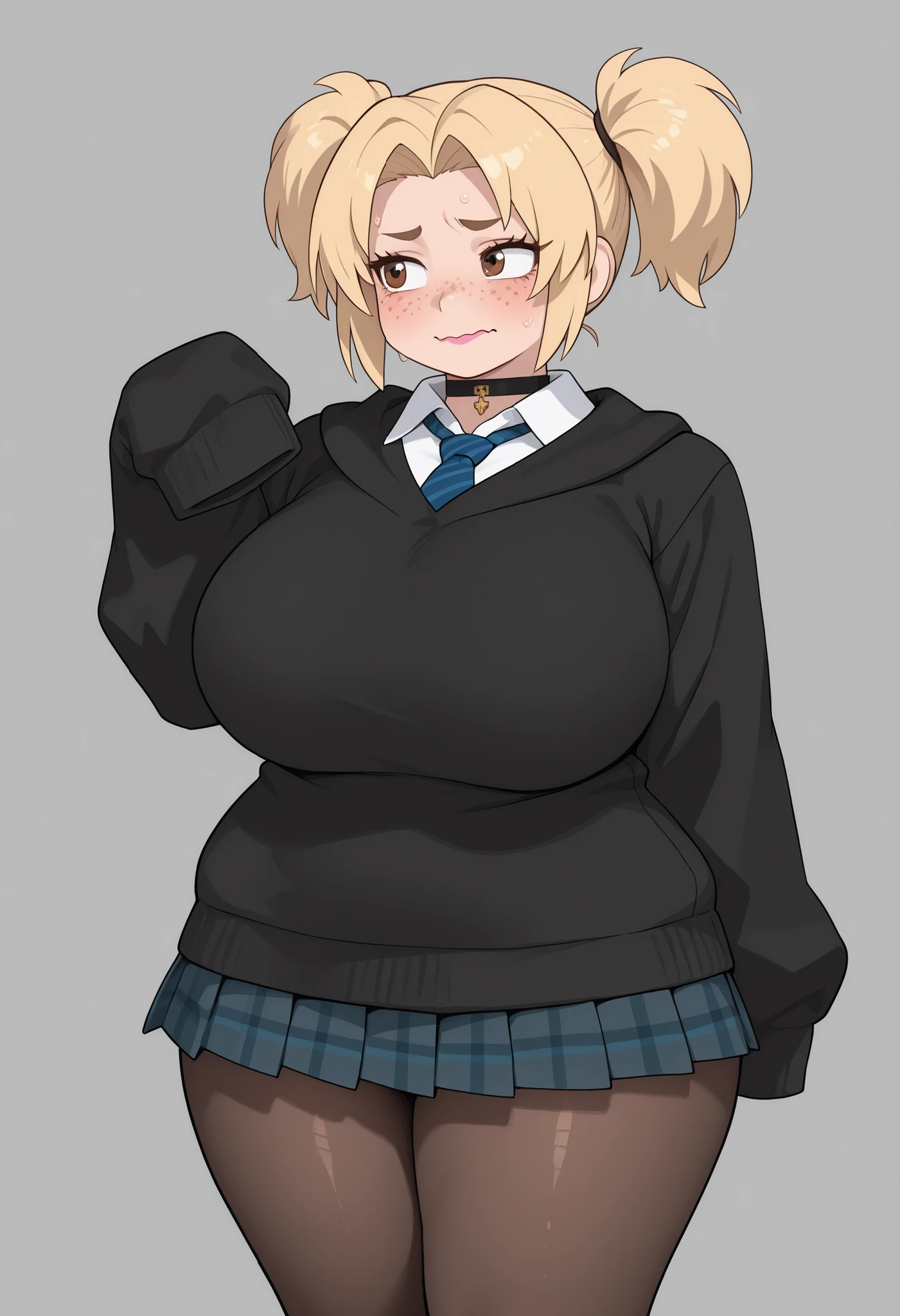 Tsunade Senju . Grandmother . long , blond hair tied in two ponytails . brown eyes . pink lipstick . huge saggy . chubby. choker , | masterpiece, best quality, absurdres, pastel colors, 1girl, cute, pixie cut, freckles, long eyelashes, hogwarts school uniform, blue necktie, nervous sweating, wavy mouth, looking to the side, pleated skirt, pantyhose, sleeves past fingers