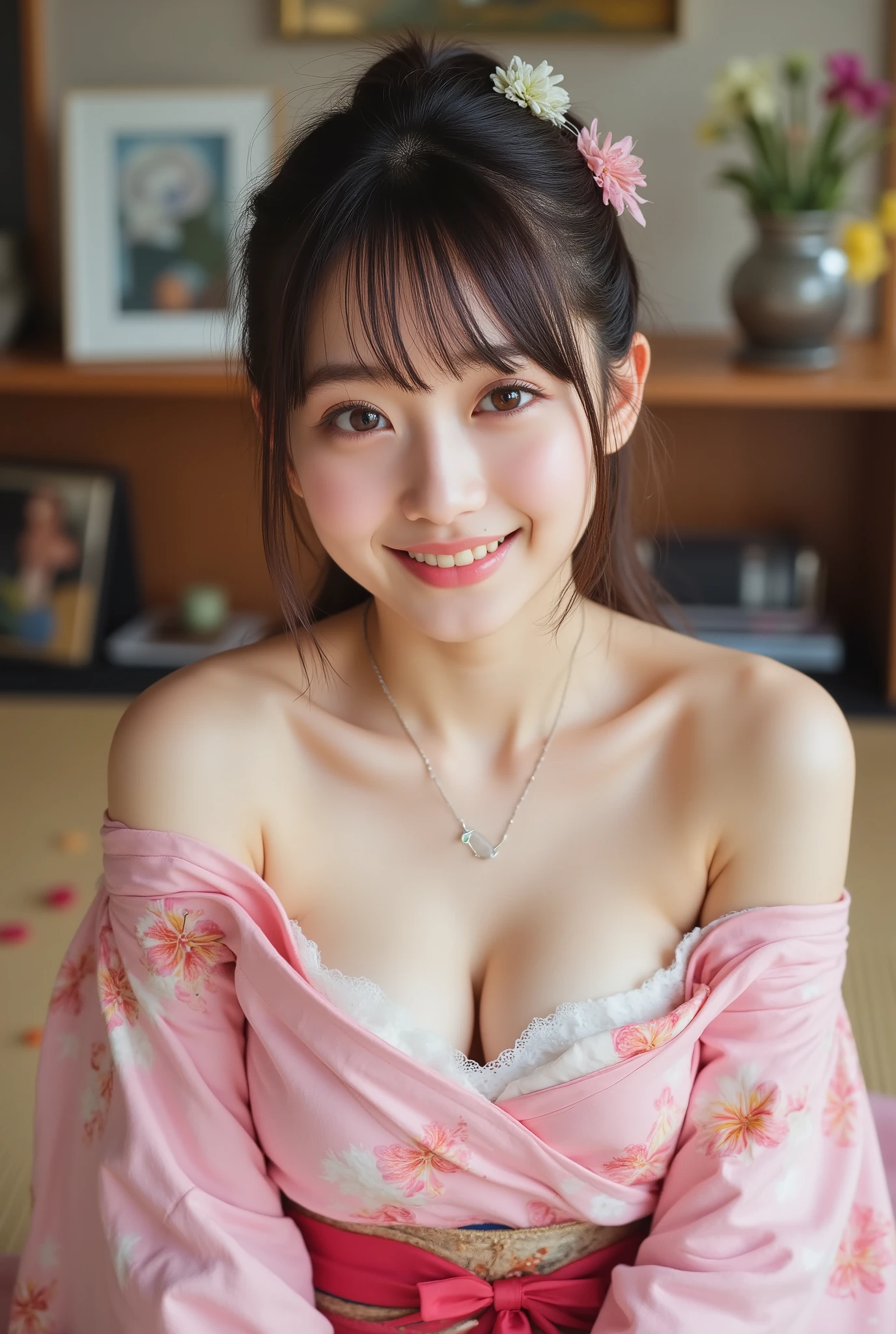 (Canon), (EOS R5), (50mm), (((photorealistic:1.5))), ( No Lens Flare :1.5), ((超high resolution)), (masterpiece), accurate, (visibleな質感の肌), Super Detailed, Highly detailed, High Quality , winning work, 最High Quality, 32K, depth of coverage, digital camera, Award-Winning Photos , (Professional bright lighting), ((Appropriate white balance for the skin)), ((最High Quality:1.5)), ((masterpiece:1.5)), ((visible)), high resolution, (とても美しくて可愛い1 personの日本人女性), ((Upper body shot seen obliquely from the front :1.5)), (( upper body shot from head to knee :1.5)), ((( upper body shot with a beautiful and cute floral pattern with an orchid-like design :1.8))), ((half naked Japanese woman in a Japanese kimono)), ((Shot in an old Japanese-style house in Japan )), ((sitting on a beautiful tatami mat in a luxurious Japanese-style room:1.5)), ((( showing cleavage between the lattice-shaped shoji and floor :1.8))), ((( wearing only Japanese kimonos , underwear, no shoulder straps , semi-nude:1.8))), ((( no shoulder straps :1.5))), (((underwear:1.5))), (((The front of the kimono is wide open to show the cleavage between the shoulders and bust:1.8))), (1 person), ((Beautiful and cute, 18 year old Japanese)), ((very cute high school girl who feels young)), ( beautiful black hair ponytail), Very beautiful and sexy, Charming Beauty, seductive pose, height 160cm, slim figure visible to the navel, Beautifully shaped bust , D cup, (((A very cute, cheerful smile:1.8))), (solos:1.5), (brown eyes:1.9), (Highly realistic detailed depiction of skin), (Highly detailed, realistic eyes:1.9), (Very beautiful long, realistic eyelashes), (Highly detailed, realistic eyebrows), (丸いbrown eyes :1.8), (Beautiful catchlights in the eyes), (Realistic lips with moisture ), (White realistic teeth lined up nicely), ( Beautiful and Detailed Face :1.6), (hourglass shape:1.6), (Wasp waist :1.5), (Perfectly round and beautifully shaped breasts:1.8), ( clearly contoured cheekbones :1.5), (Perfect Styled Body :1.8), (Healthy body :1.8), (Narrow shoulders:1.9), (staring at the viewer), (captivating gaze), (Beautiful, natural-looking hands), (beautiful pink nails with a beautiful length), (( show your hands as little as possible )), (very cute smile:1.1), (Waist, demon's red eyes:1.4), Intricate and detailed, colorful depiction , ((pink Japanese kimono with a beautiful and cute floral design that looks like an orchid:1.5)), ((The kimono is wide and the shoulders and chest are quite exposed:1.3)), (((Off Shoulder:1.8))), (( Beautiful pink Japanese kimono with a beautiful floral pattern )), ((Kimono with a flower pattern on pink fabric )), ((I can't show my feet)), flower hairpin, (I can see ikebana on Japanese-style furniture behind), extremely sexy sensual body , sexy girl, like々Sensual Elegance, sexy body, Sexy look, sitting on tatami mats in a luxurious Japanese-style room , Shot taken from an oblique front , (Beautiful pink, yellow, and white petals are scattered on the tatami mat), (Japanese-style temari rolling ), Japanese style hairpin, Japanese Style Hair Ornament, A gentle-looking face, thin waist, (A beautiful, well-shaped cleavage of the bust can be seen quite a bit), blur background, Illuminate Your Face, dynamic pose with tweezers,Beautiful Body Lines, Beautiful, realistic skin , Art Photography, beautiful soft writing, (Color temperature 5000K)