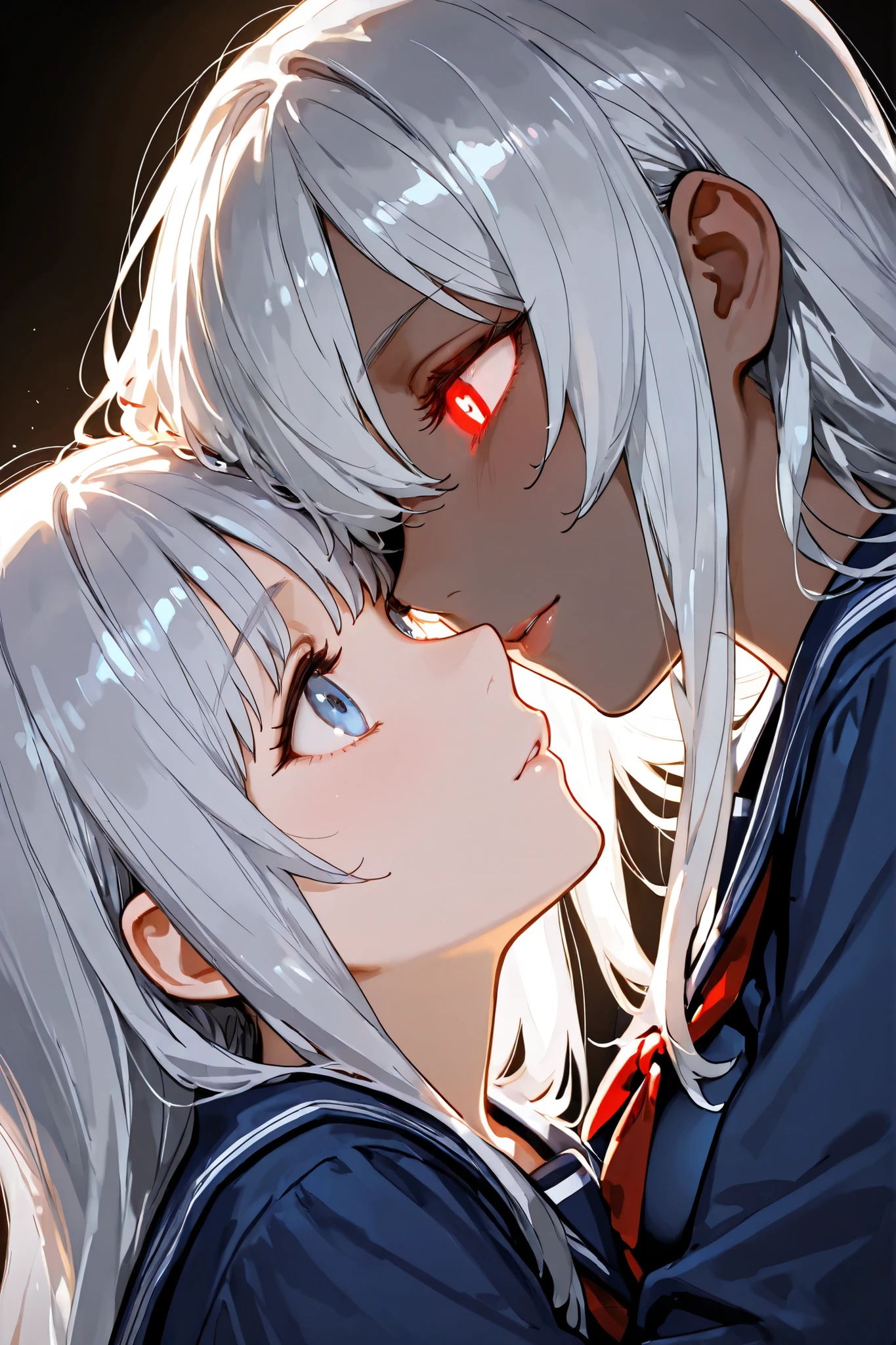 super close-up of your face,Face-to-Face,Red glowing eyes, Silver Hair,bangs over one eye,high school girl hugging her teacher,navy blue sailor suit,red ribbon ,Detailed depiction of the face,Backlight,simple slightly dark background