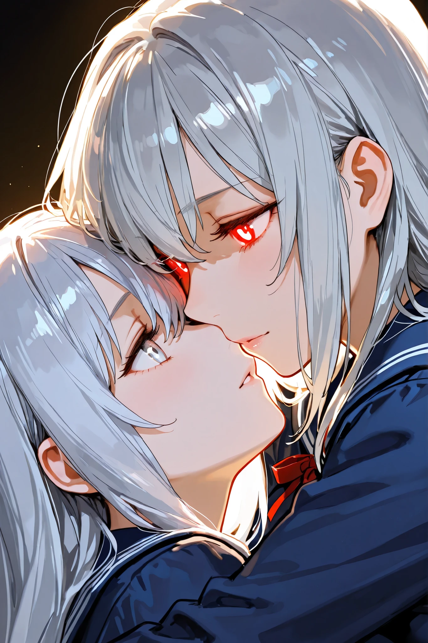 super close-up of your face,Face-to-Face,Red glowing eyes, Silver Hair,bangs over one eye,high school girl hugging her teacher,navy blue sailor suit,red ribbon ,Detailed depiction of the face,Backlight,simple slightly dark background