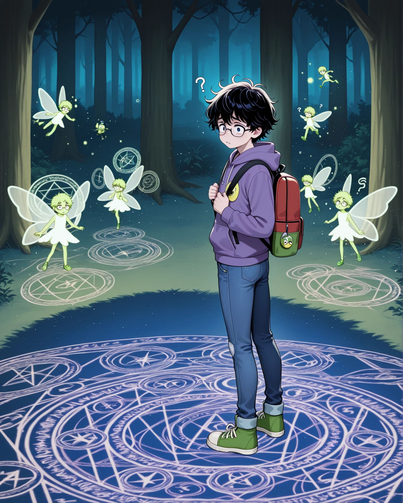 1boy, teenager, dark messy hair, glasses, confused expression, hoodie and jeans, Chuck Taylor shoes, backpack, confused expression, standing in a magical circle, surrounded by fairies, enchanted forest