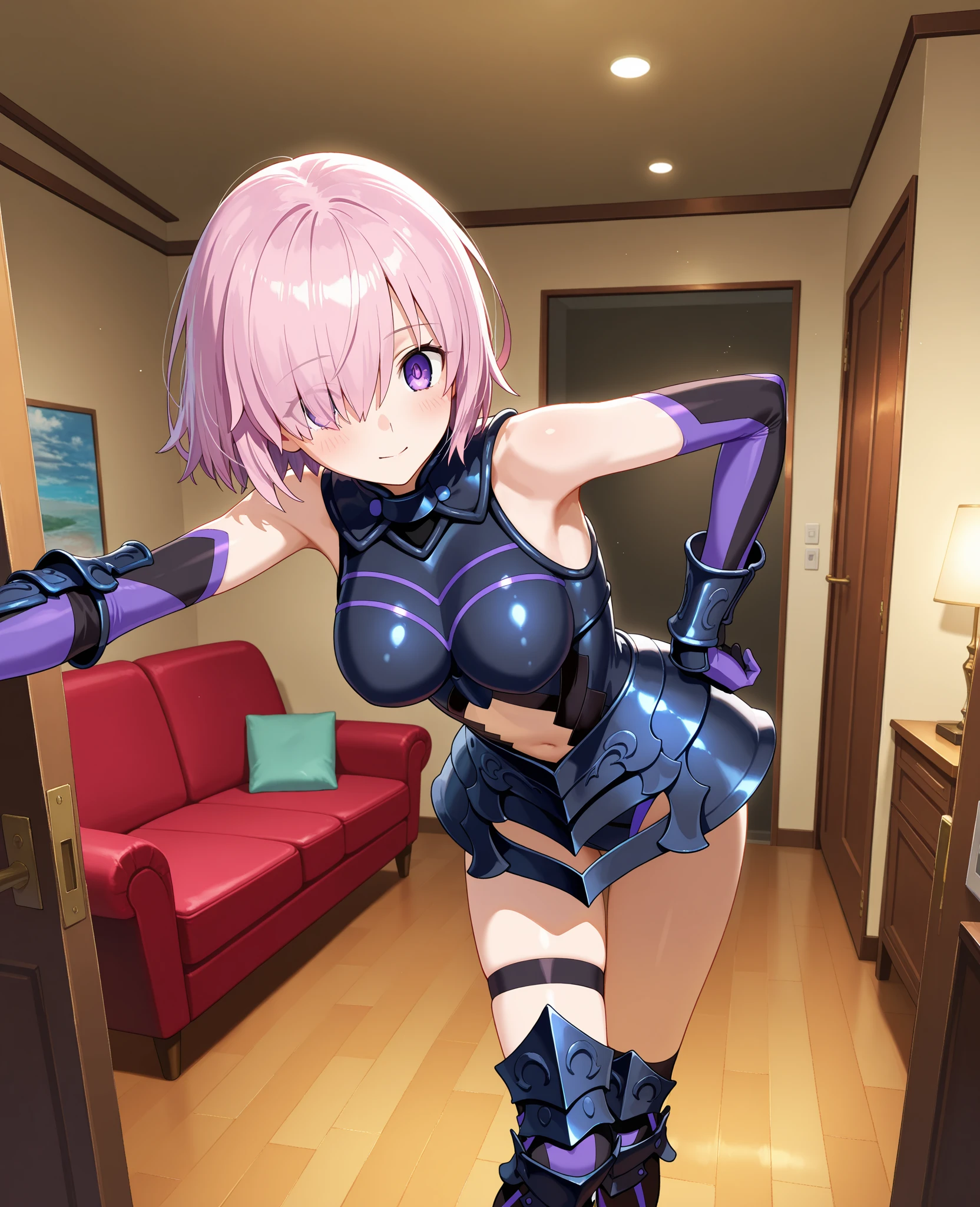 best quality, masterpiece, 1girl, aamash, short hair, pink hair, hair over one eye, purple eyes, bare shoulders, cleavage cutout, black leotard, sleeveless, elbow gloves, purple gloves, navel cutout, thigh strap, black thighhighs, <lora:mash_kyrielight_ilxl_v1:0.9>, standing, cowboy shot, indoors, room, pout, hands on own hips,