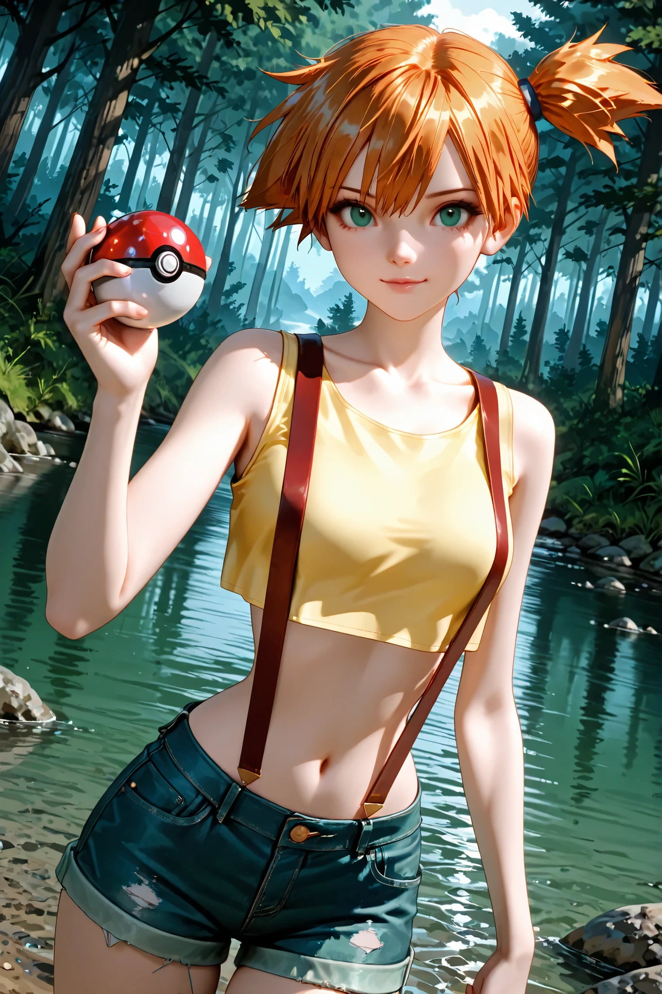 1 girl, Misty, orange hair, short hair, side ponytail, green eyes, beautiful eyes, beautiful face, face sculpted with hyper-realistic details, beautiful hair, bare arms, suspenders, navel, midriff, yellow shirt, collarbone, crop top, sleeveless shirt, denim shorts, standing, outdoors, forest, on the shore of a lake, looking at the viewer, detailed hands, pokeball, holding a pokeball, movement of throwing the pokeball, expression of confidence, very cute, cheerful, dutch angle, best quality, masterpiece, ultra detailed, very aesthetic