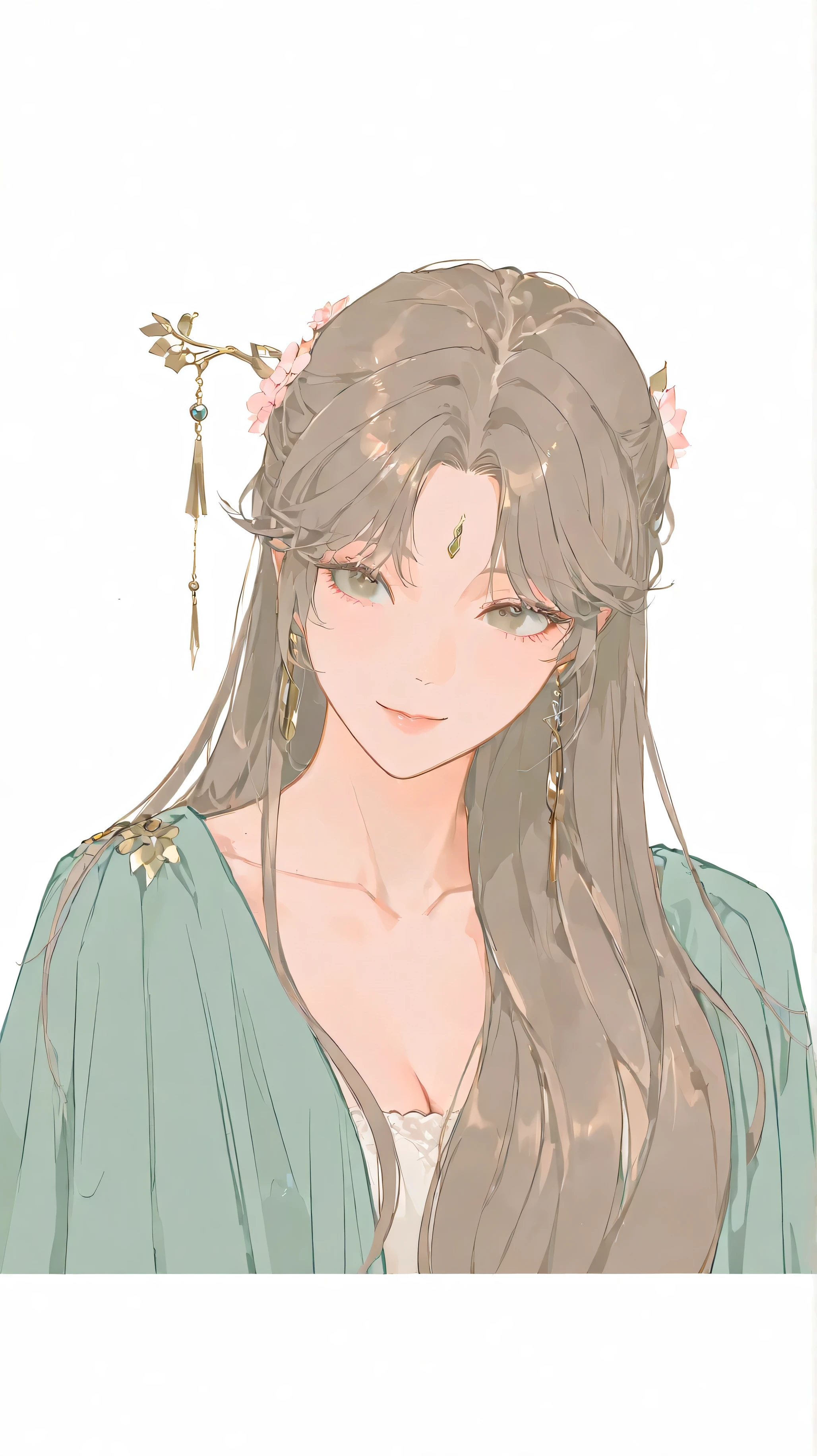 A digitally illustrated portrait shows a female figure with a, loose hair in muted shades of brown and touches of pink. head Her hair is decorated with delicate pink flowers and small green leaves, that imparts a natural and whimsical aesthetic. A hairpin adorned with golden spirals and a hanging tassel adorns her long, that adds an elegant touch. The figure is dressed in a green bluish with a wide neckline, revealing her collarbone and neck. The fabric looks soft and covers her shoulders with elegance, with additional decorative flowers that embellish the outfit. The lighting of the image is soft, highlighting the serene, quiet environment. de Gobbs, "Naomi," is discreetly placed on the left side of the image. The illustration combines simplicity with intricate details, creating a harmonious and calm image.